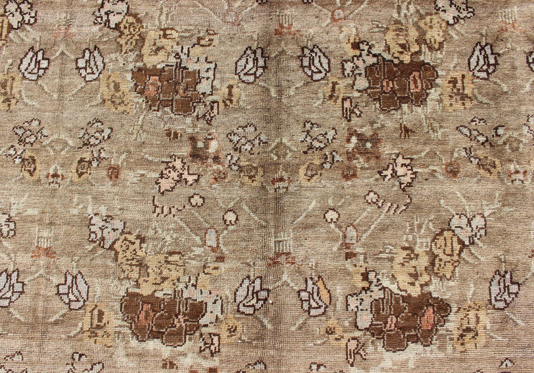 Early 20th Century Large Antique Turkish Tulu Carpet with Floral Design in Tan & Brown  For Sale