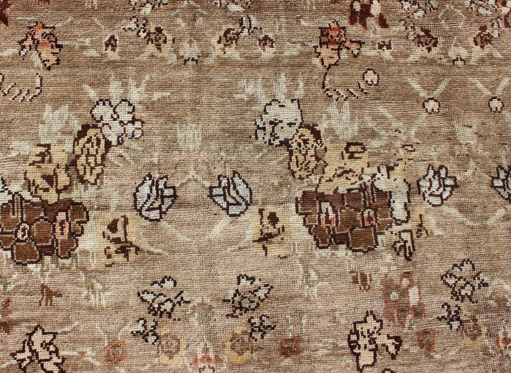 Wool Large Antique Turkish Tulu Carpet with Floral Design in Tan & Brown  For Sale