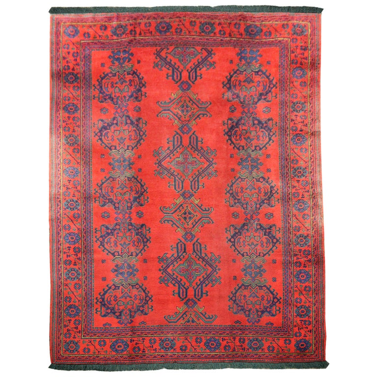 Antique Turkish Ushak Rug Handwoven Oriental Red Wool Carpet For Sale