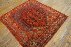 1850s Brown Blue Medallion Antique Turkish Village Kula Rug 4'6"x5' Wool Carpet