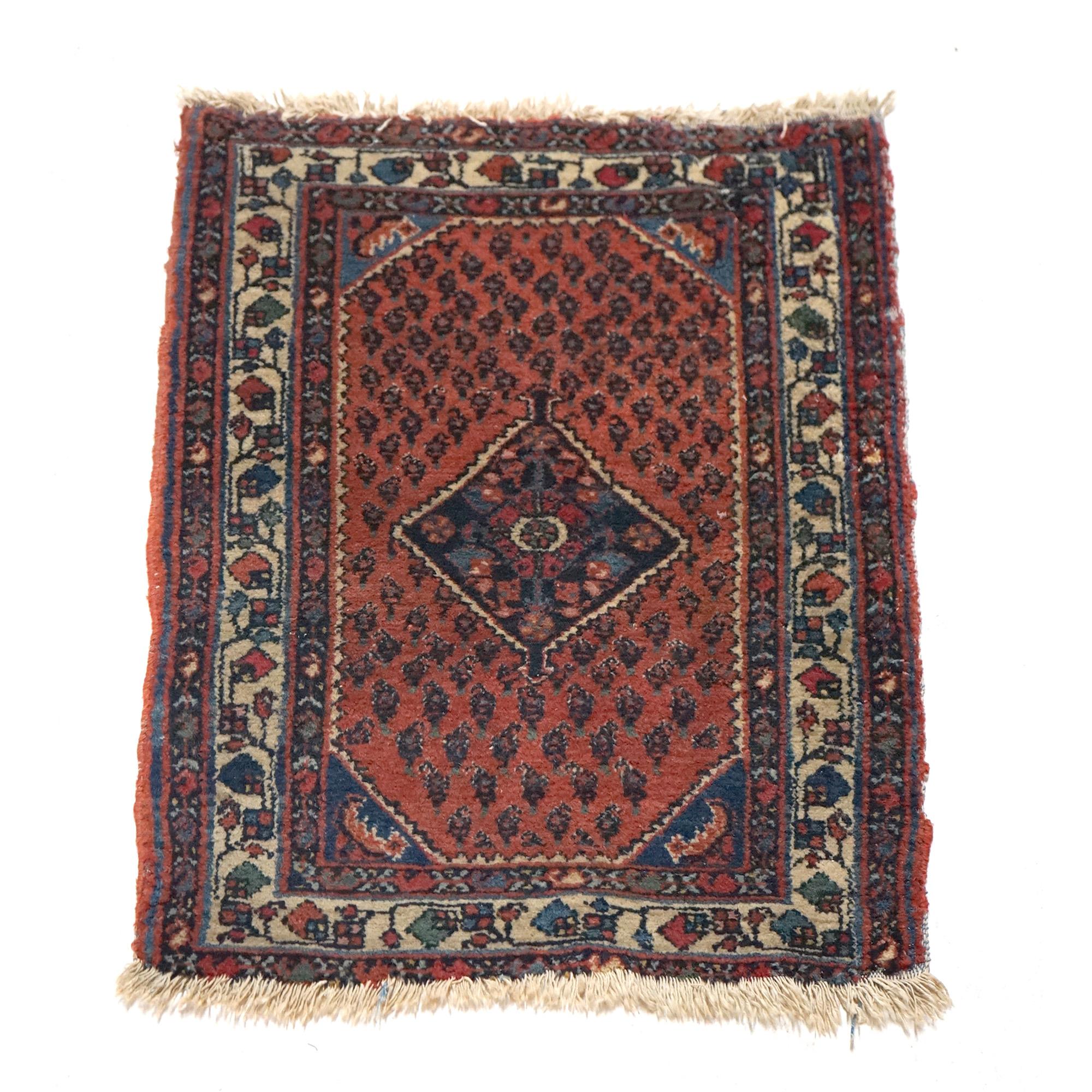 An antique Turkish oriental rug mat offers wool construction with central medallion, circa 1920

Measures - 30.5