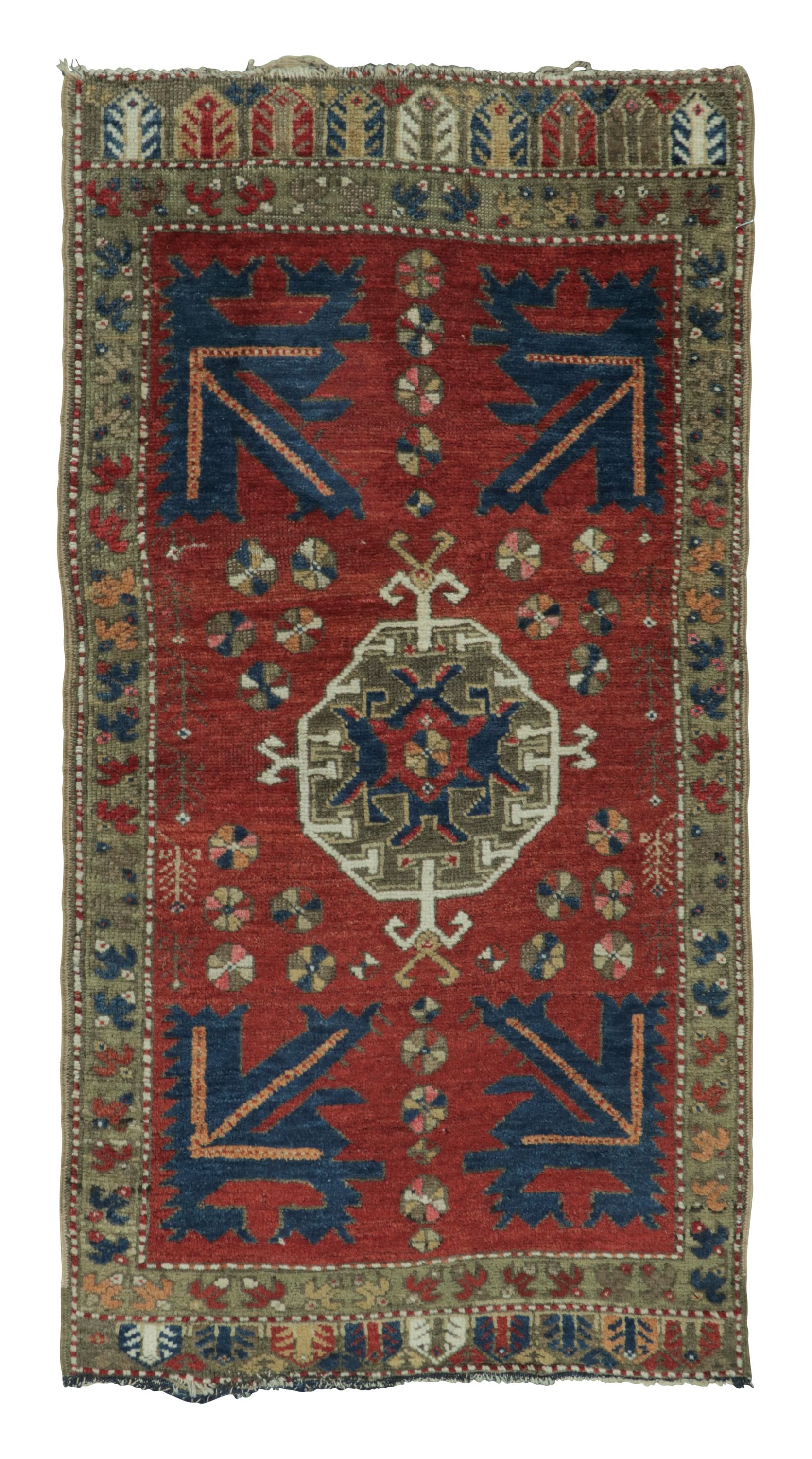 Antique Turkish Yastik Rug in Rich Red with Geometric Medallion - Rug & Kilim