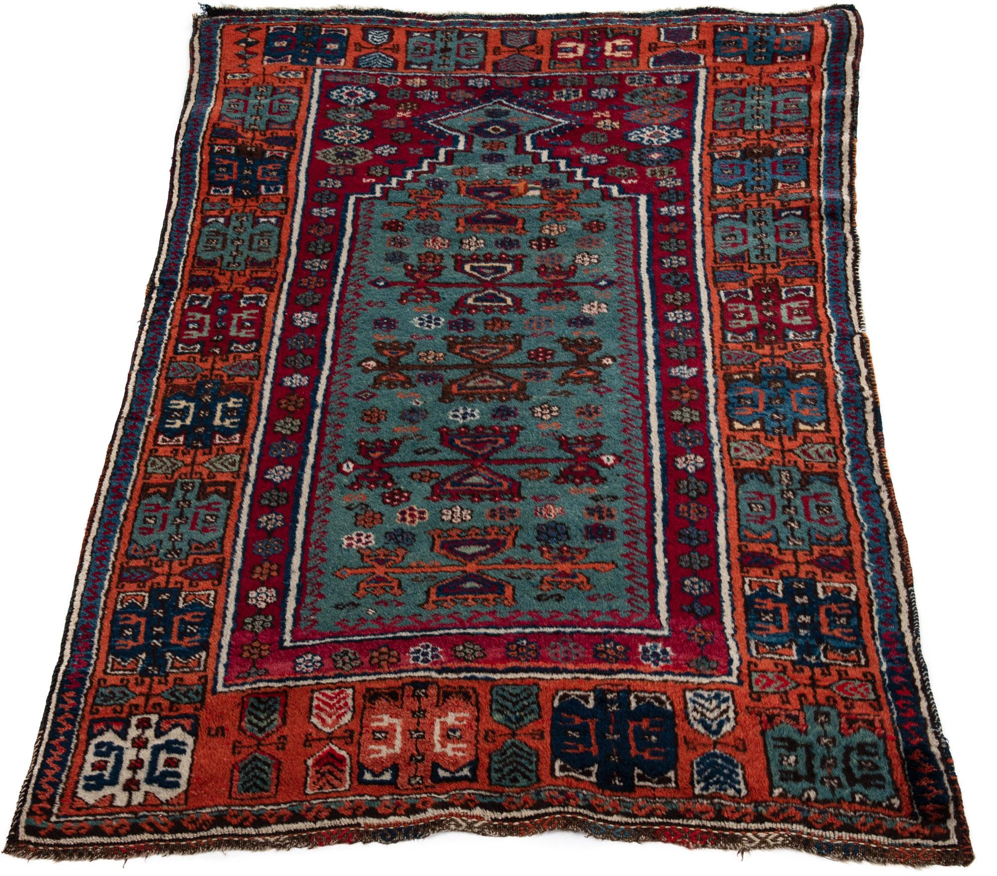 Antique Turkish Tribal Prayer Rug Woven in South-Eastern Anatolia Blue and Red In Good Condition For Sale In Evanston, IL