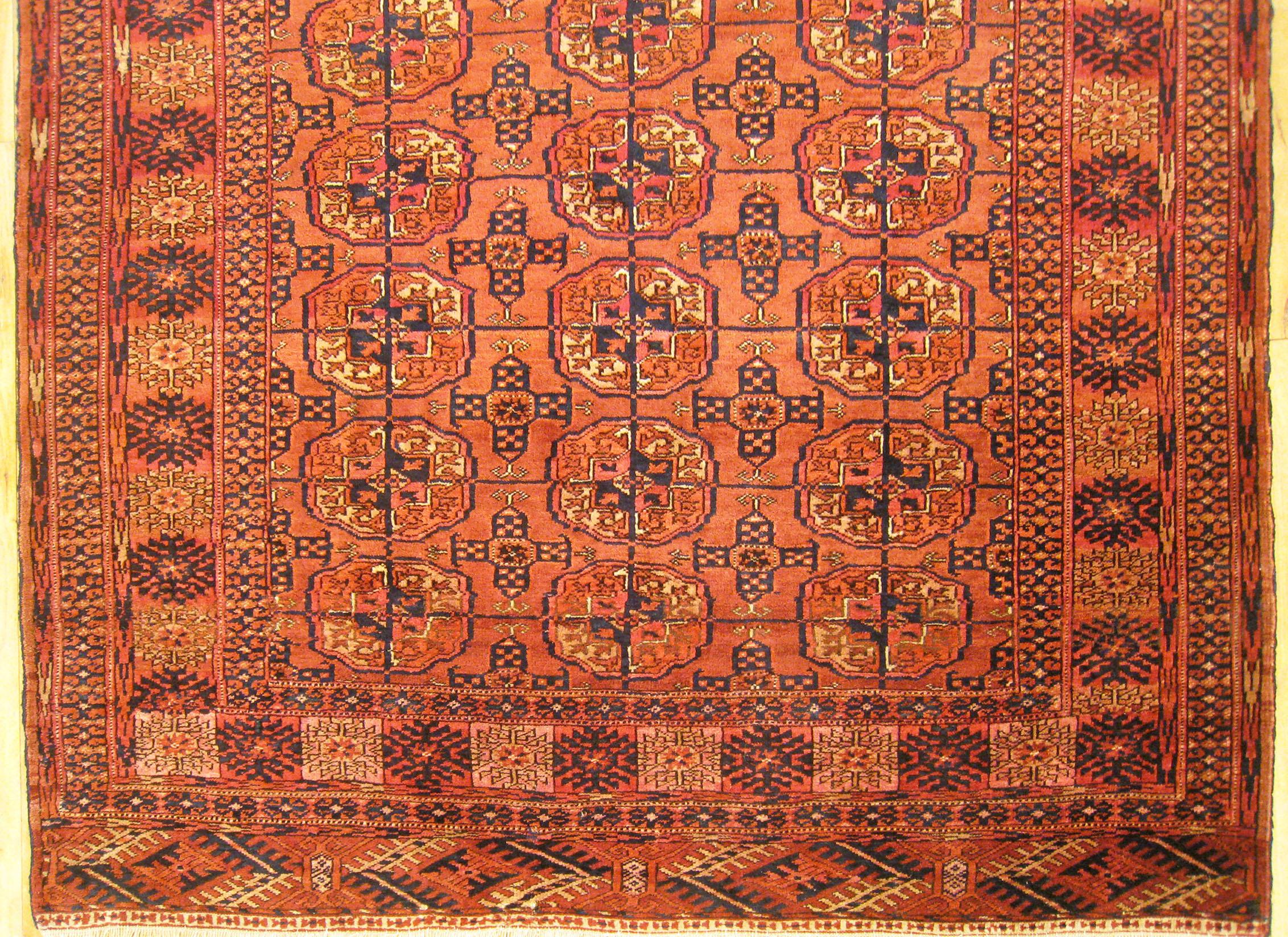 Uzbek Antique Turkman Bokhara Rug, Small Size, W/ Symmetrical Design For Sale