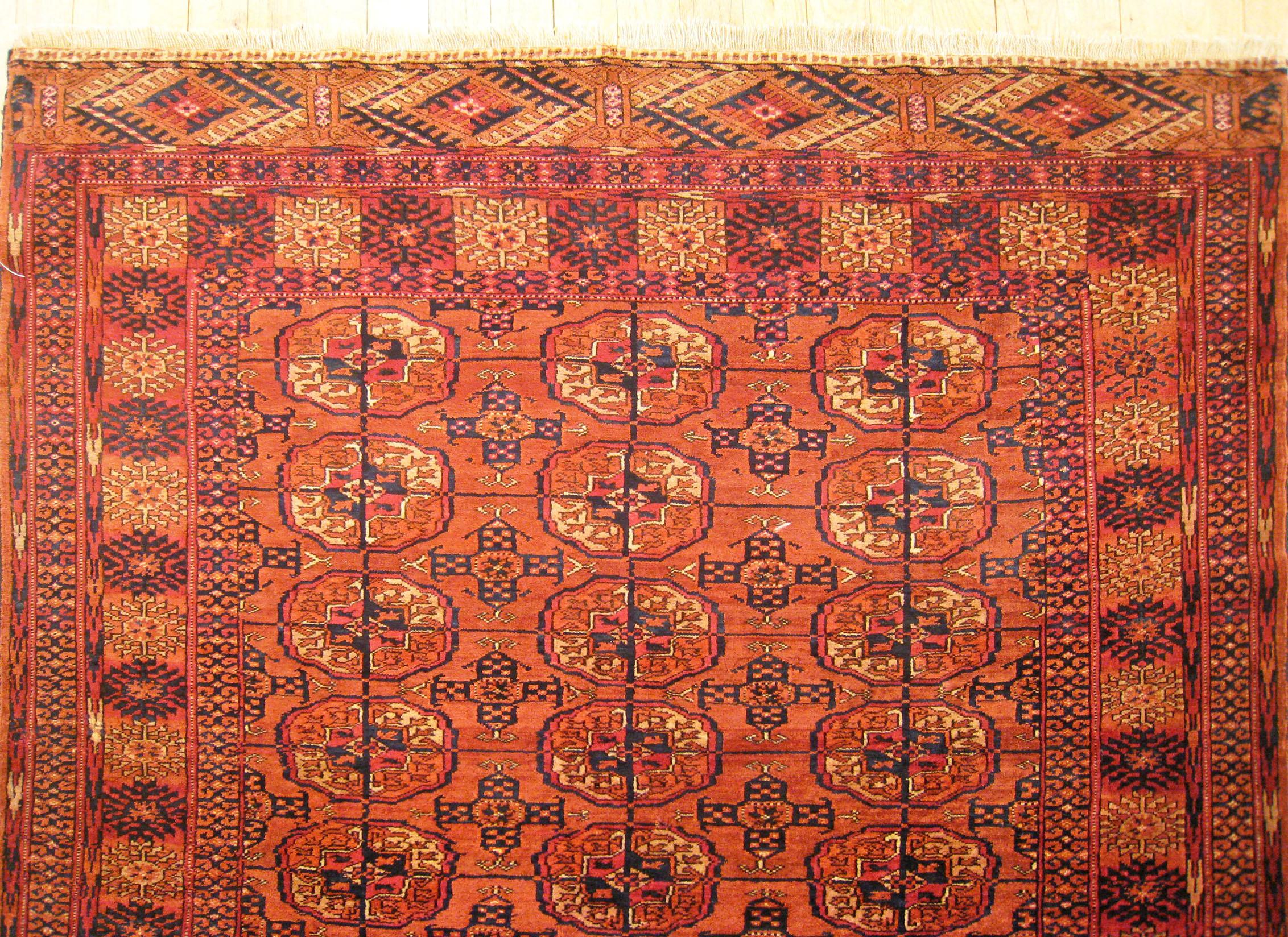 Embroidered Antique Turkman Bokhara Rug, Small Size, W/ Symmetrical Design For Sale