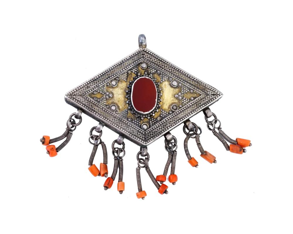 Antique Turkman Central Asia Silver Coral Pendants In Good Condition For Sale In New York, NY