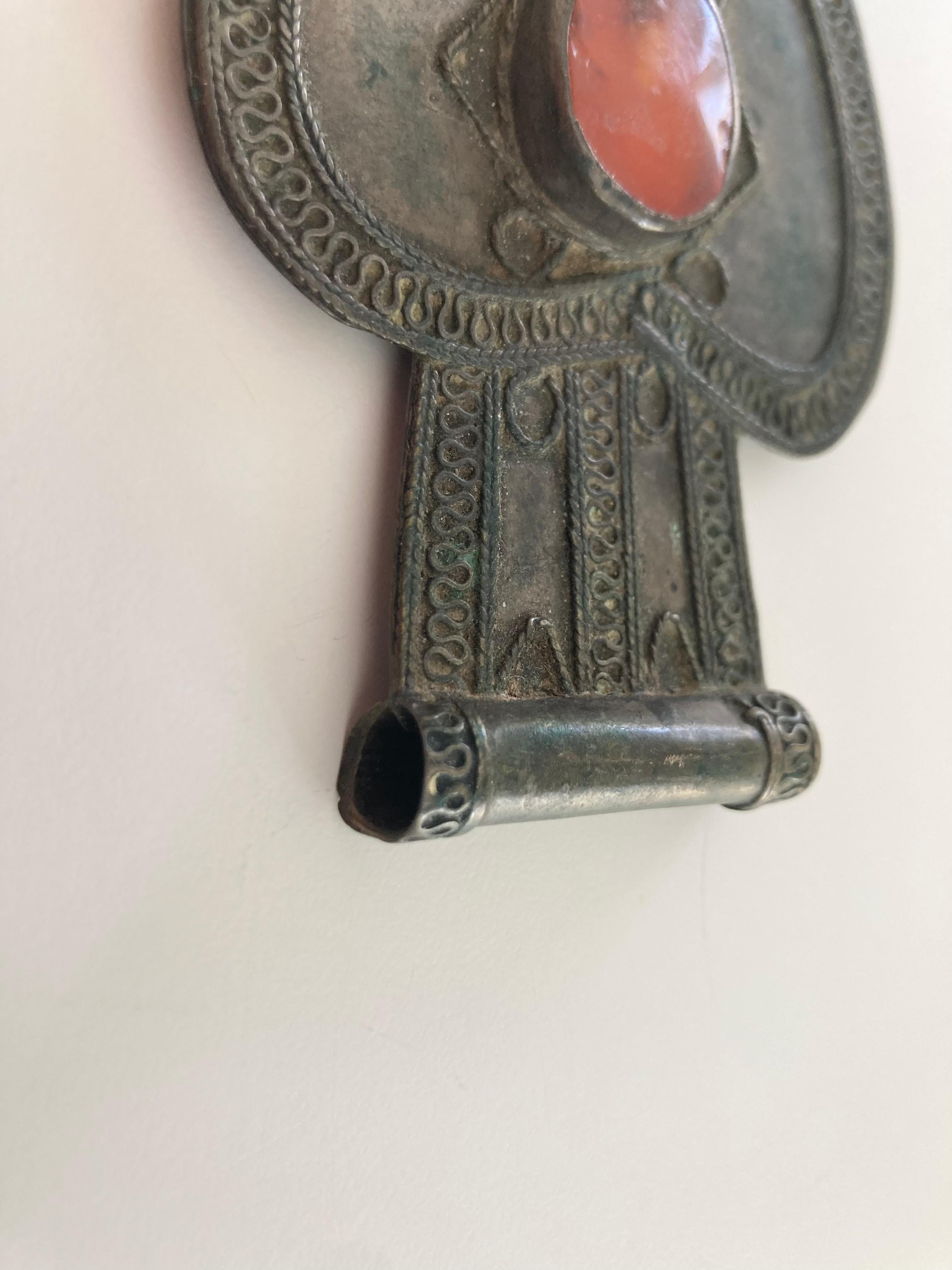 Antique Turkmen Asyk Pendant with Carnelian In Distressed Condition For Sale In Bridgeport, CT