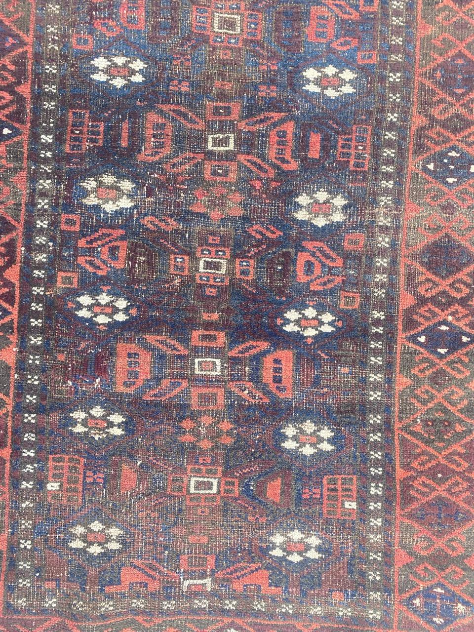 Nice late 19th century Turkmen Afghan Baluch rug with beautiful tribal design and nice natural colors, entirely hand knotted with wool velvet on wool foundation.

✨✨✨
