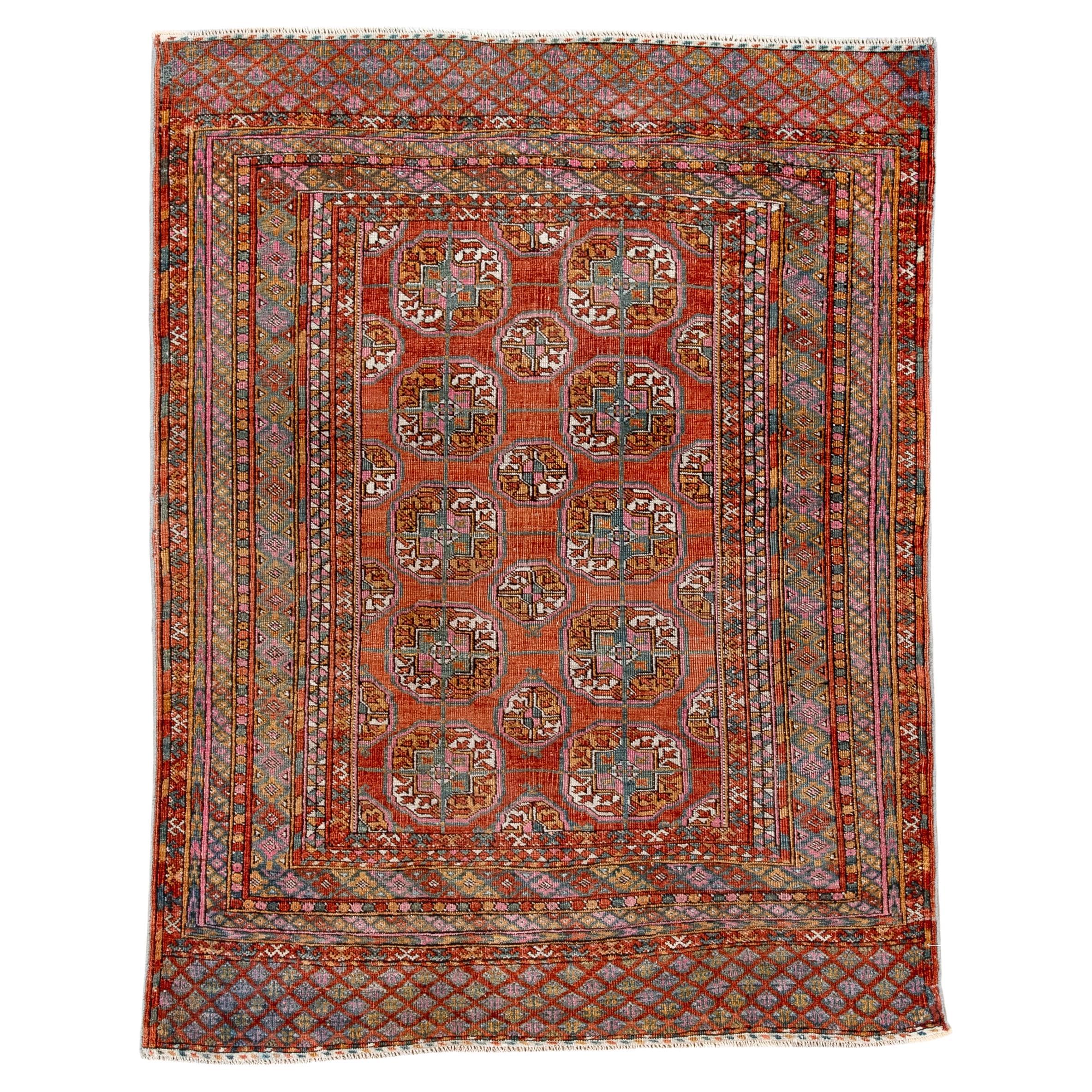 Antique Turkmen Bokara Rug with Multicolor Gül Pattern