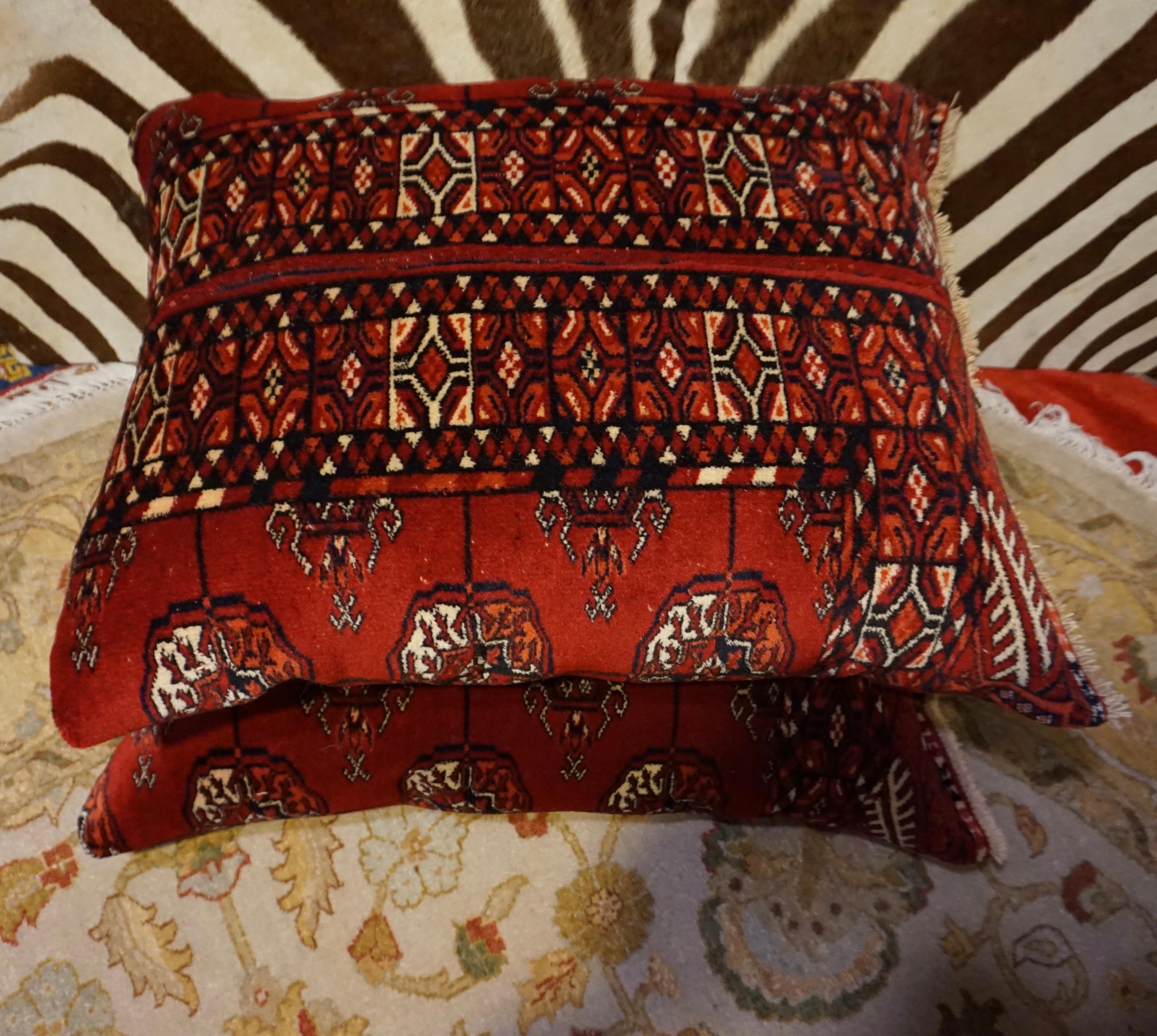 Antique Turkmen Bokhara Hand Knotted Sewn Large Pair of Cushions For Sale 4