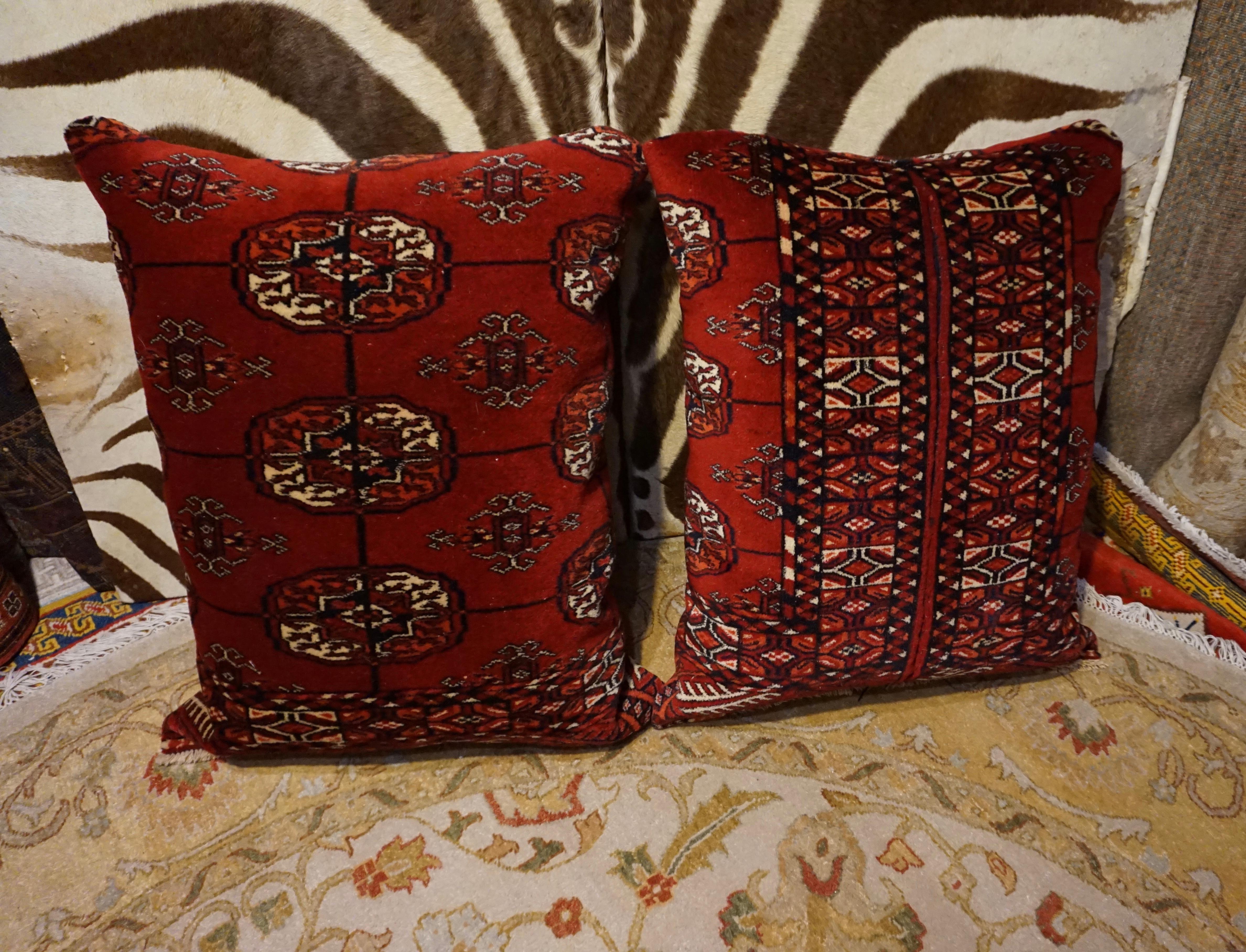 Tribal Antique Turkmen Bokhara Hand Knotted Sewn Large Pair of Cushions For Sale