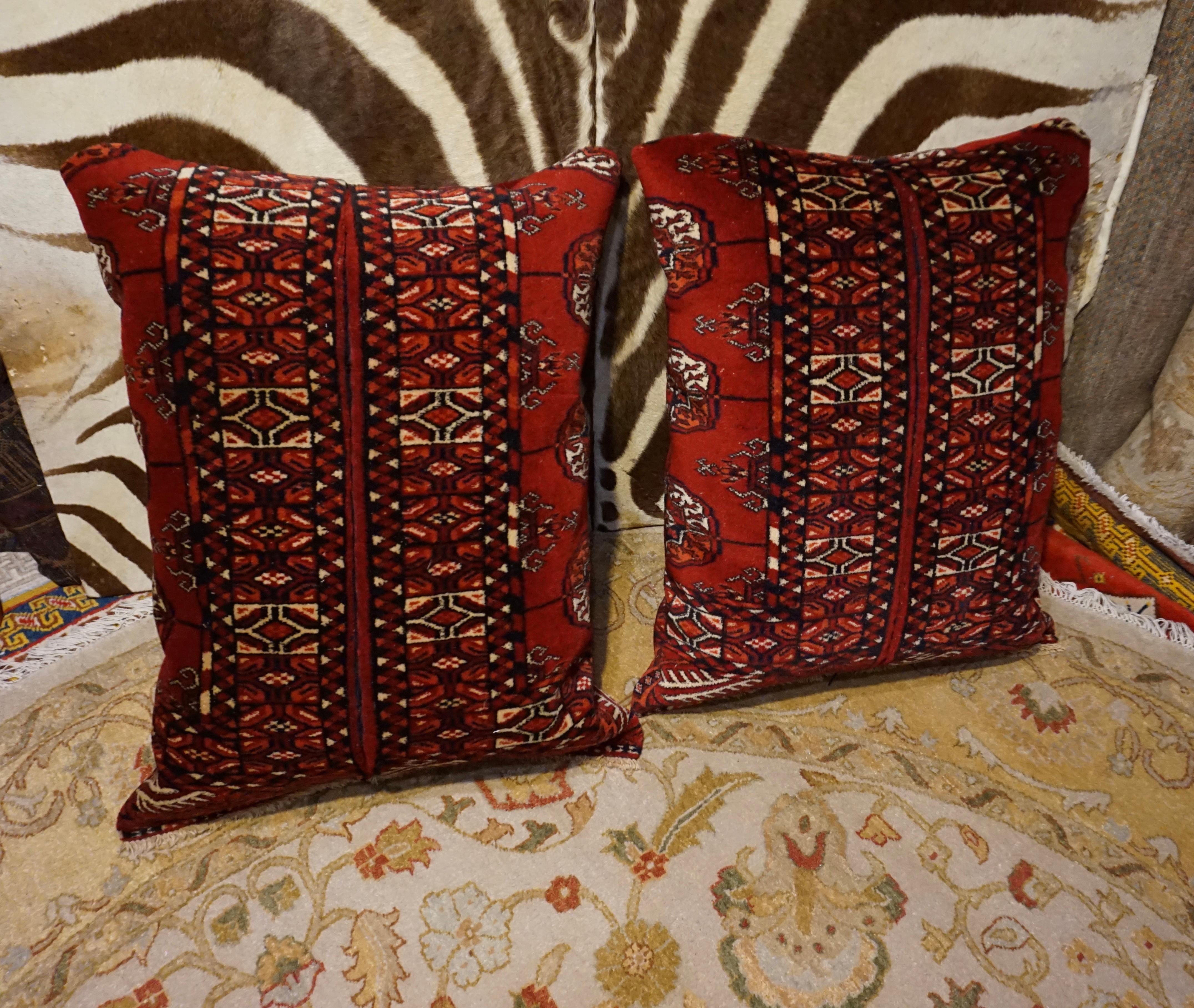 Hand-Knotted Antique Turkmen Bokhara Hand Knotted Sewn Large Pair of Cushions For Sale