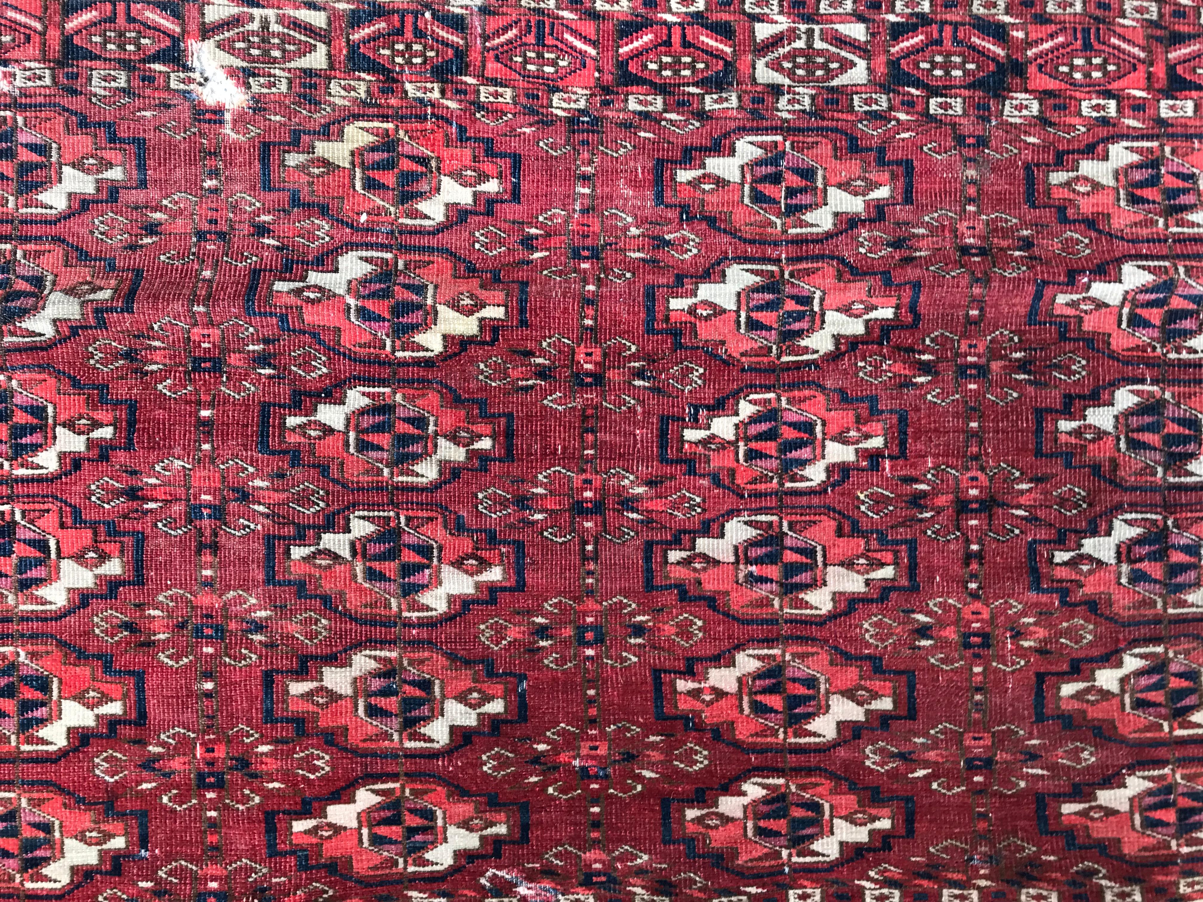 Beautiful fine late 19th century Turkmen for horse cover or Chuval, with nice Boukhara design and natural red field colors, finely hand knotted with wool velvet on wool foundations.


✨✨✨
