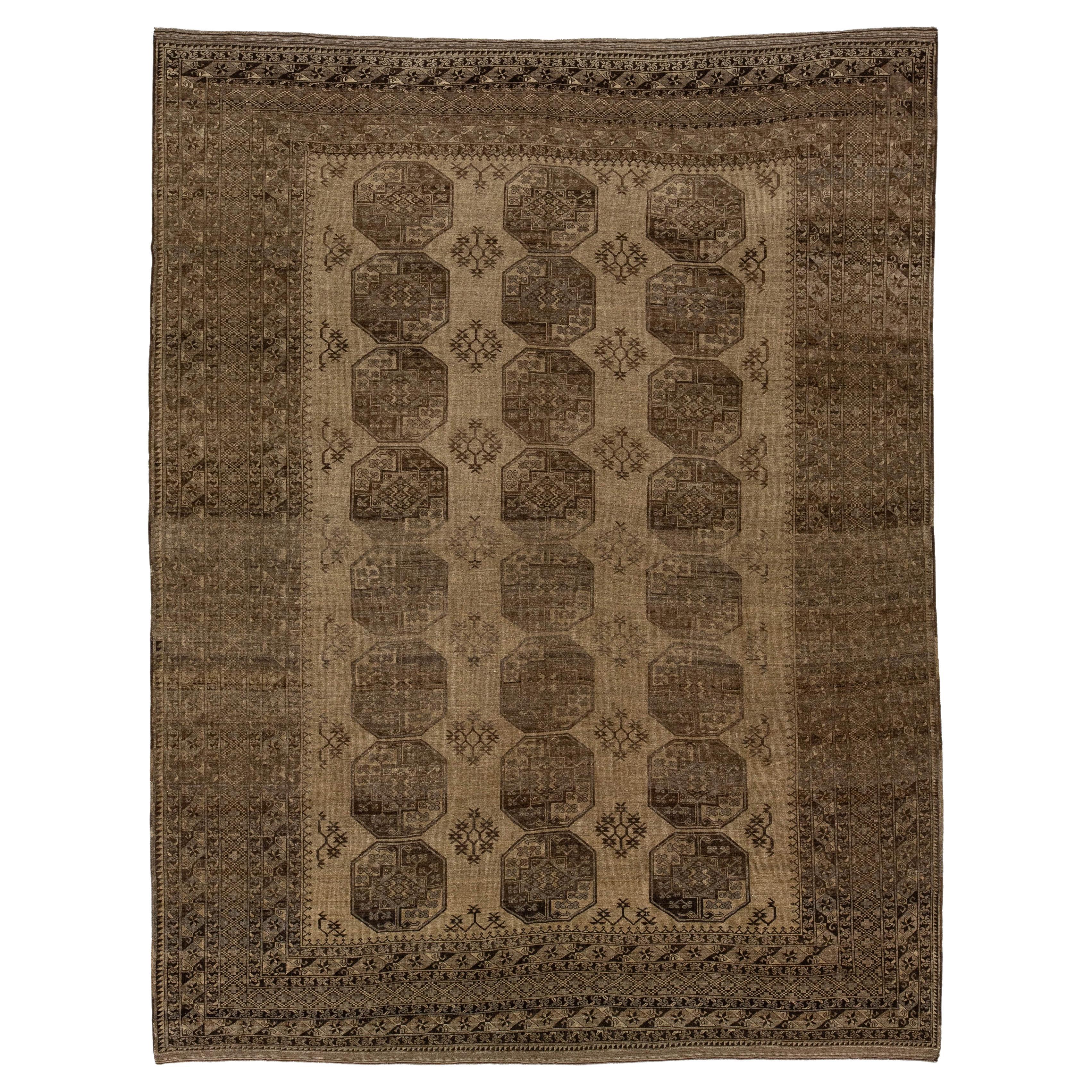 Antique Turkmen Ersari Rug Hand-Knotted Wool with Octagonal Guls Earthy Brown