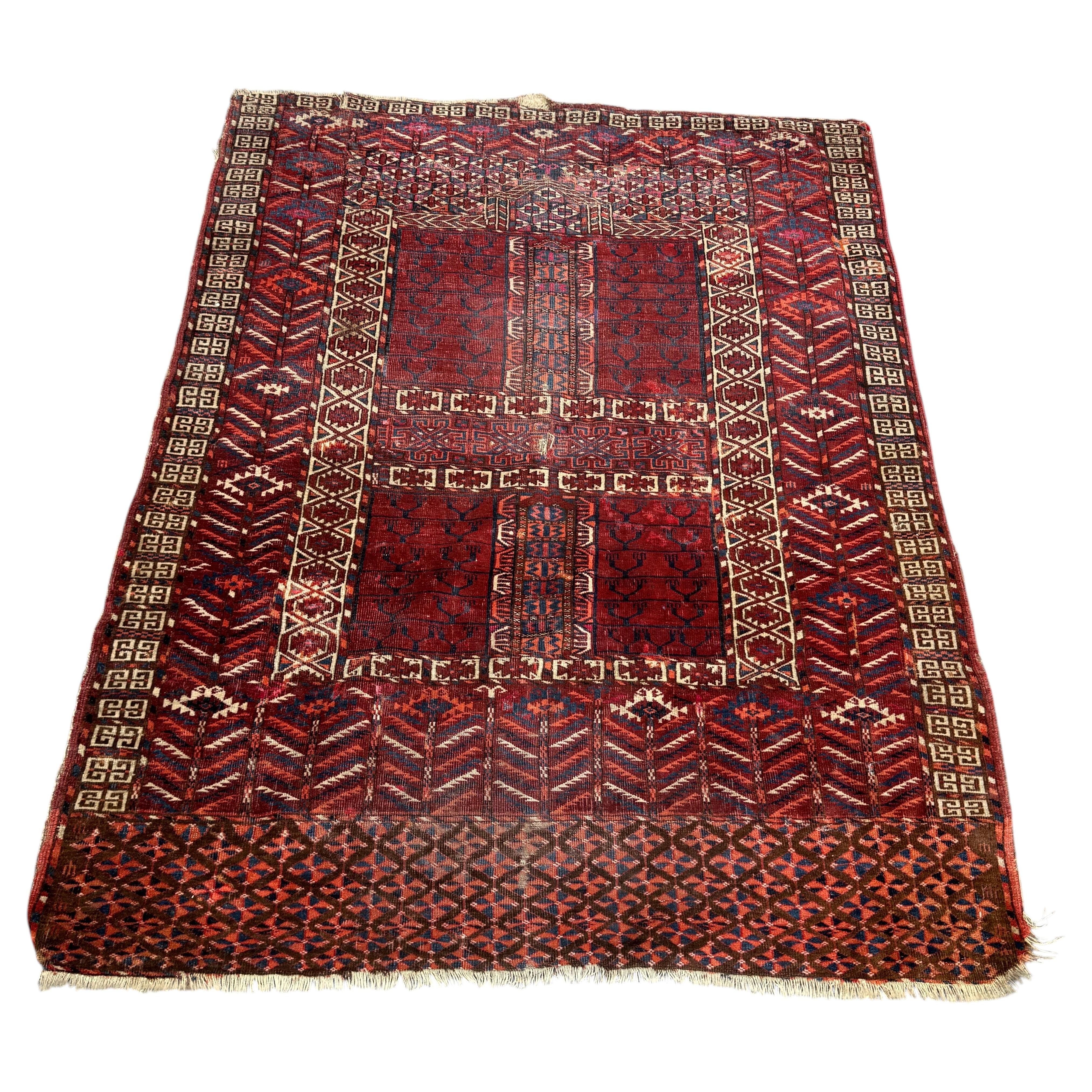 Antique Turkmen Hand-Knotted Wool Rug, Elegant Design