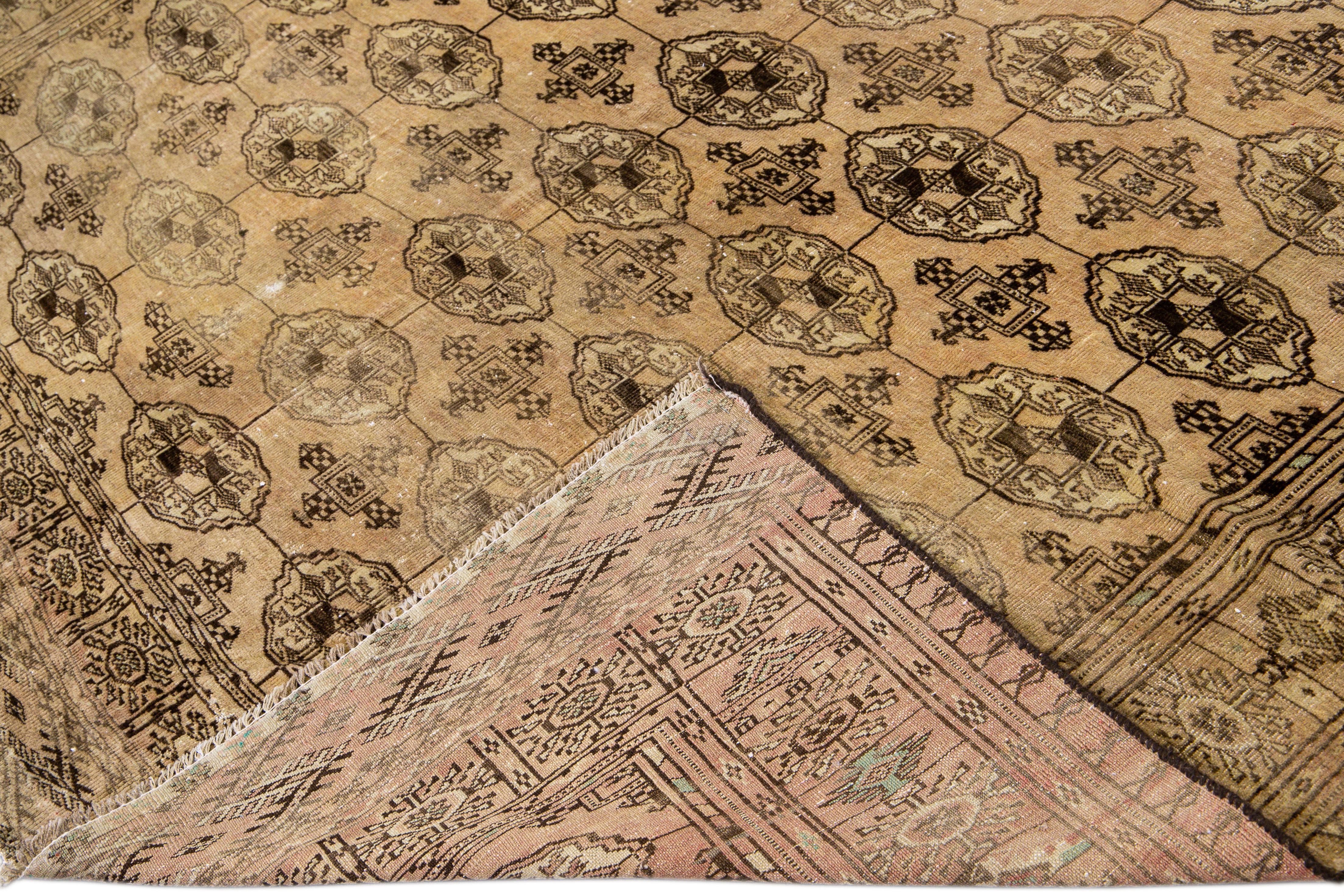 Islamic Antique Turkmen Handmade Geometric Pattern Beige Wool Rug For Sale
