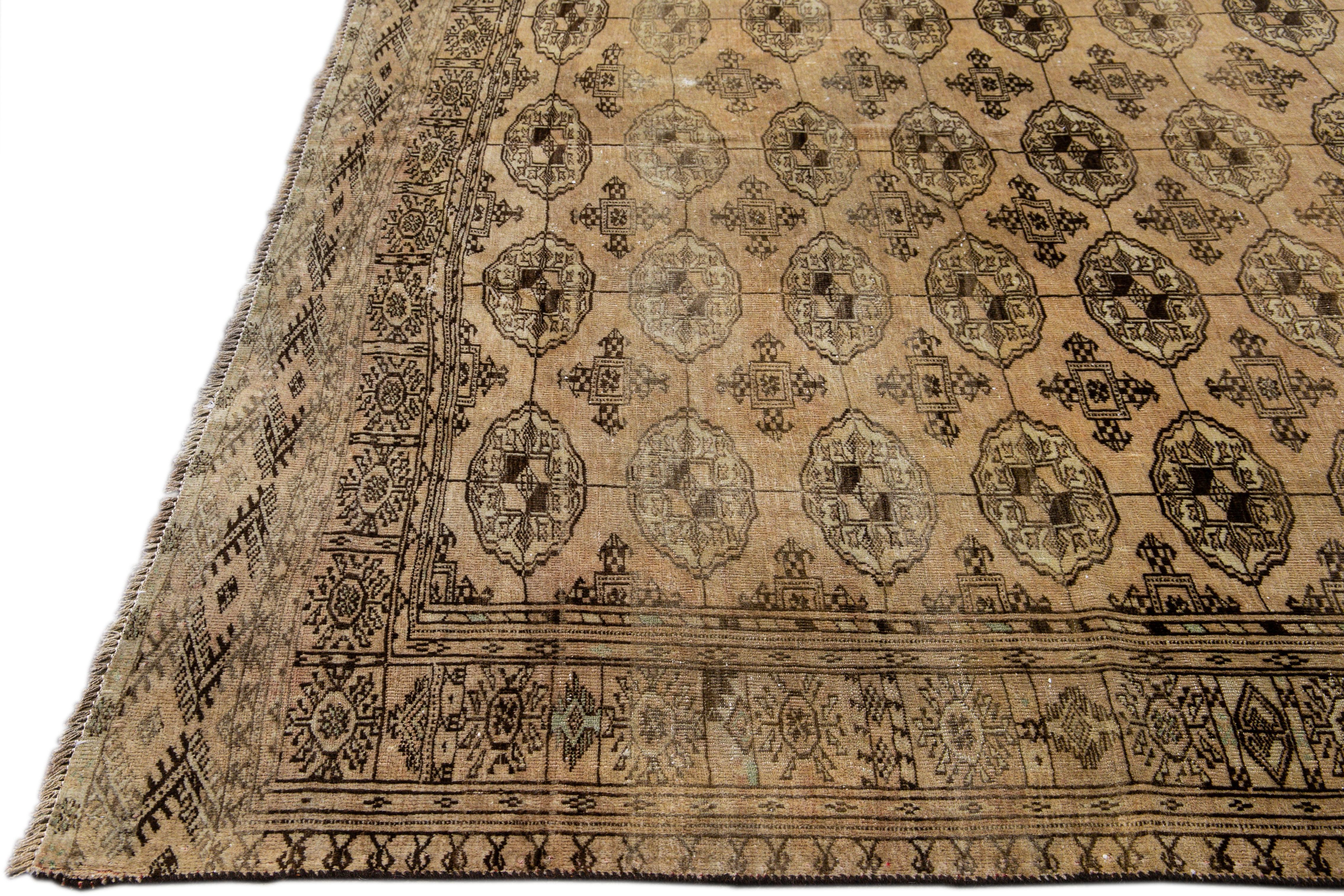 Persian Antique Turkmen Handmade Geometric Pattern Beige Wool Rug For Sale