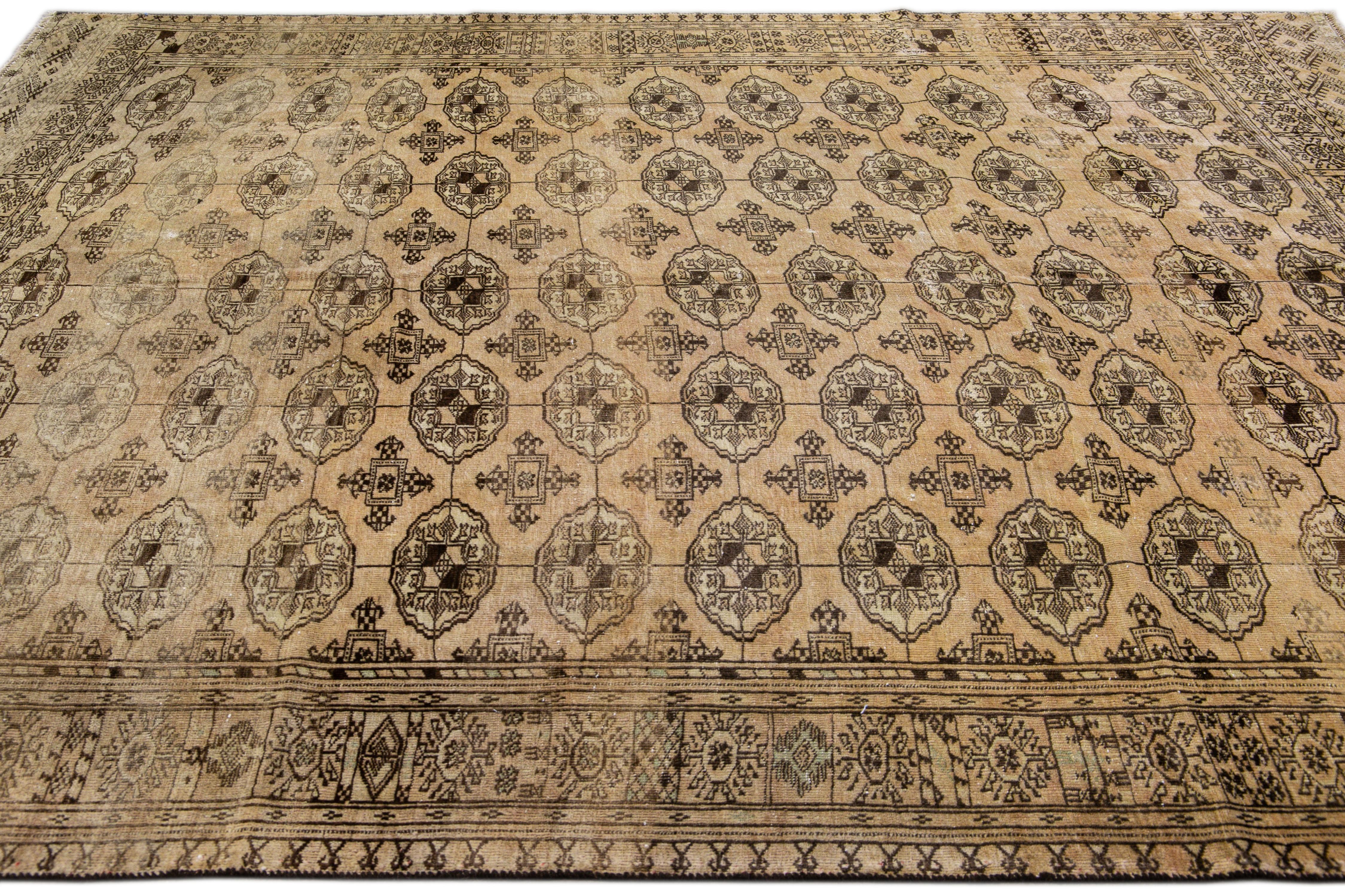 Antique Turkmen Handmade Geometric Pattern Beige Wool Rug In Good Condition For Sale In Norwalk, CT