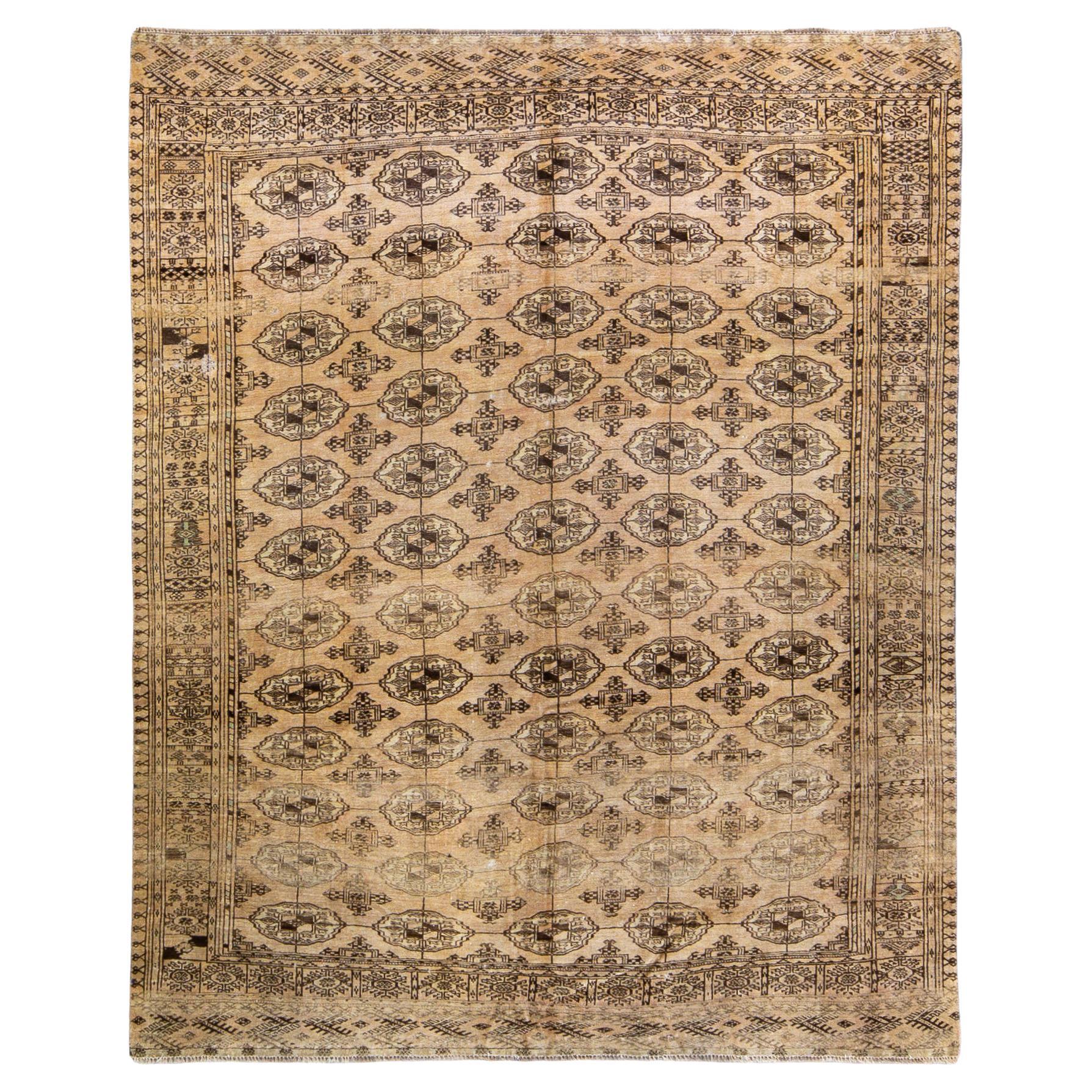 Antique Turkmen Handmade Geometric Pattern Beige Wool Rug For Sale