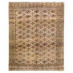 Antique Turkmen Handmade Geometric Pattern Beige Wool Rug
