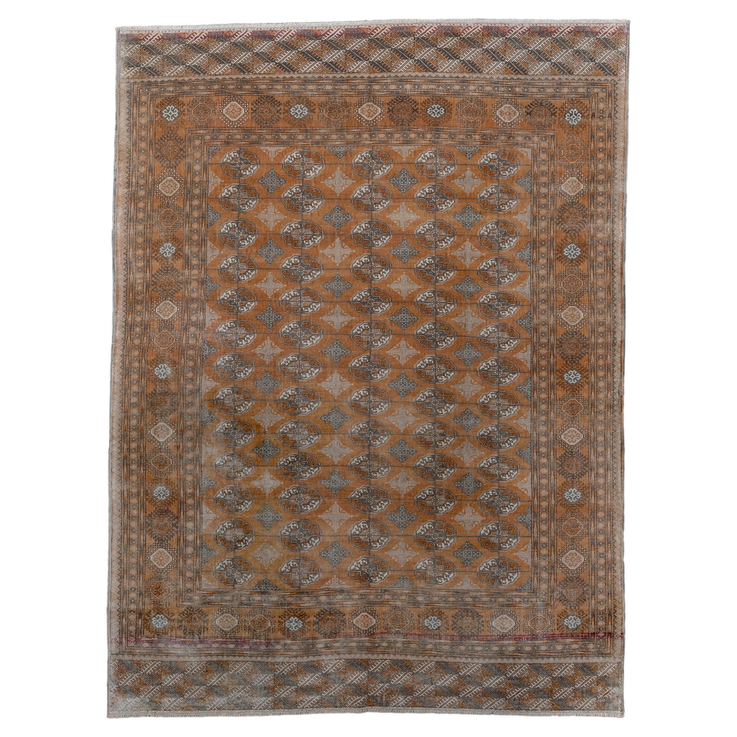 Antique Turkmen Rug with a Rust Field and a Wide Main Border For Sale