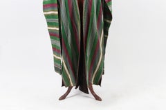 Antique Turkmen Silk Chapan Robe, Cream and Cream Striped Textile Dressing Gown