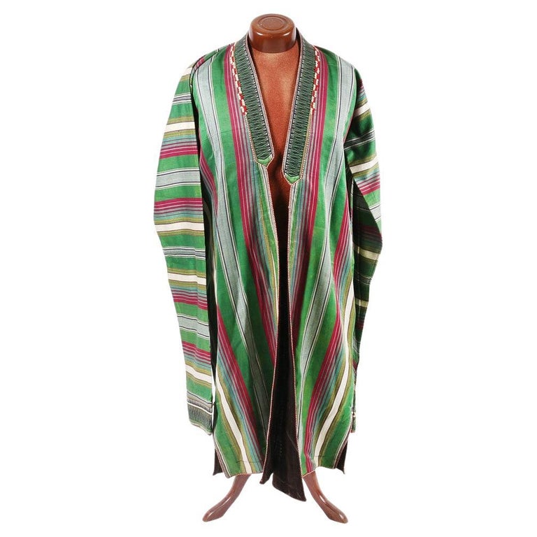 Antique Turkmen Silk Chapan Robe, Cream And Cream Striped Textile Dressing Gown