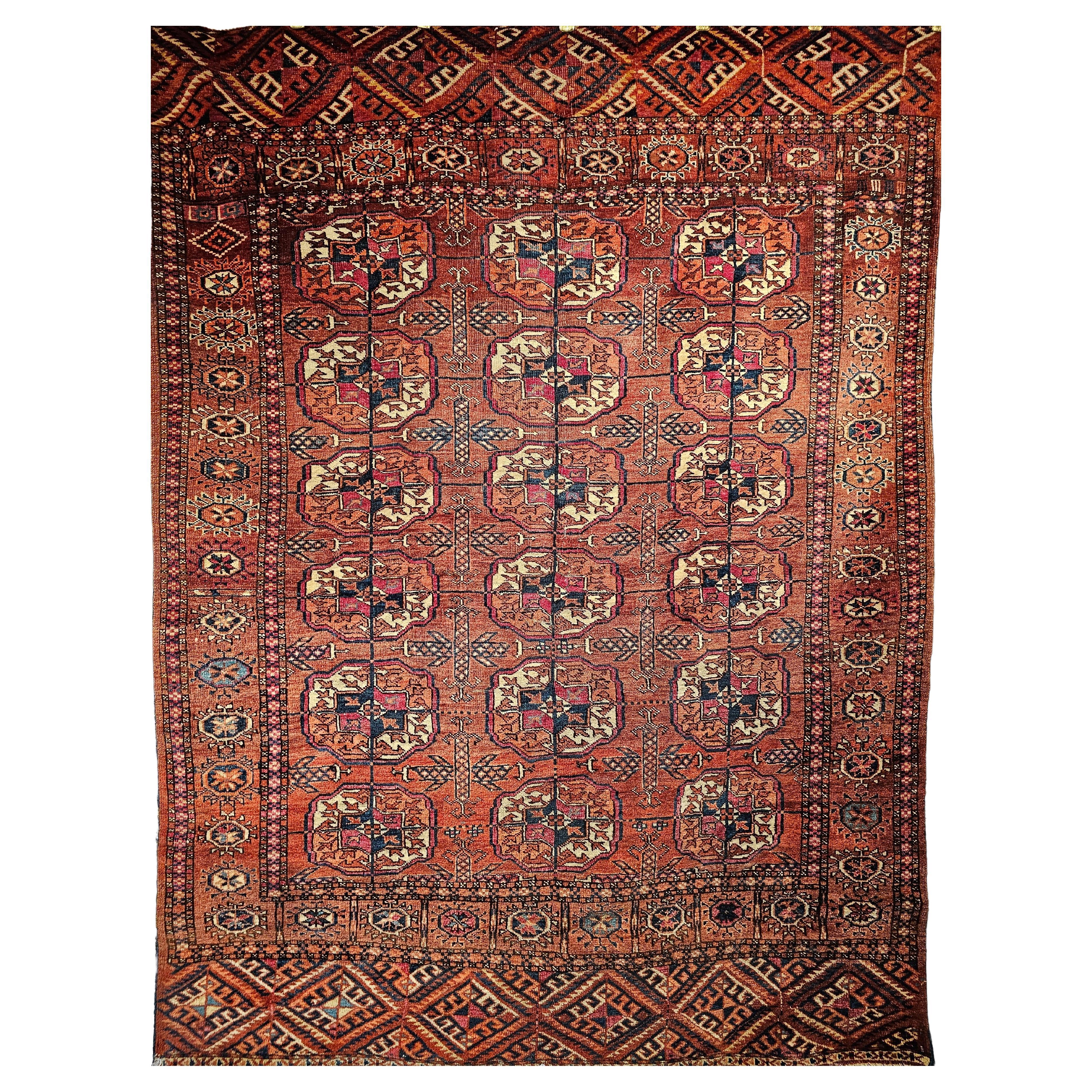 Antique Turkmen Tekke Area Rug, Hand-Knotted Wool Pile, Red Field, Late 1800s