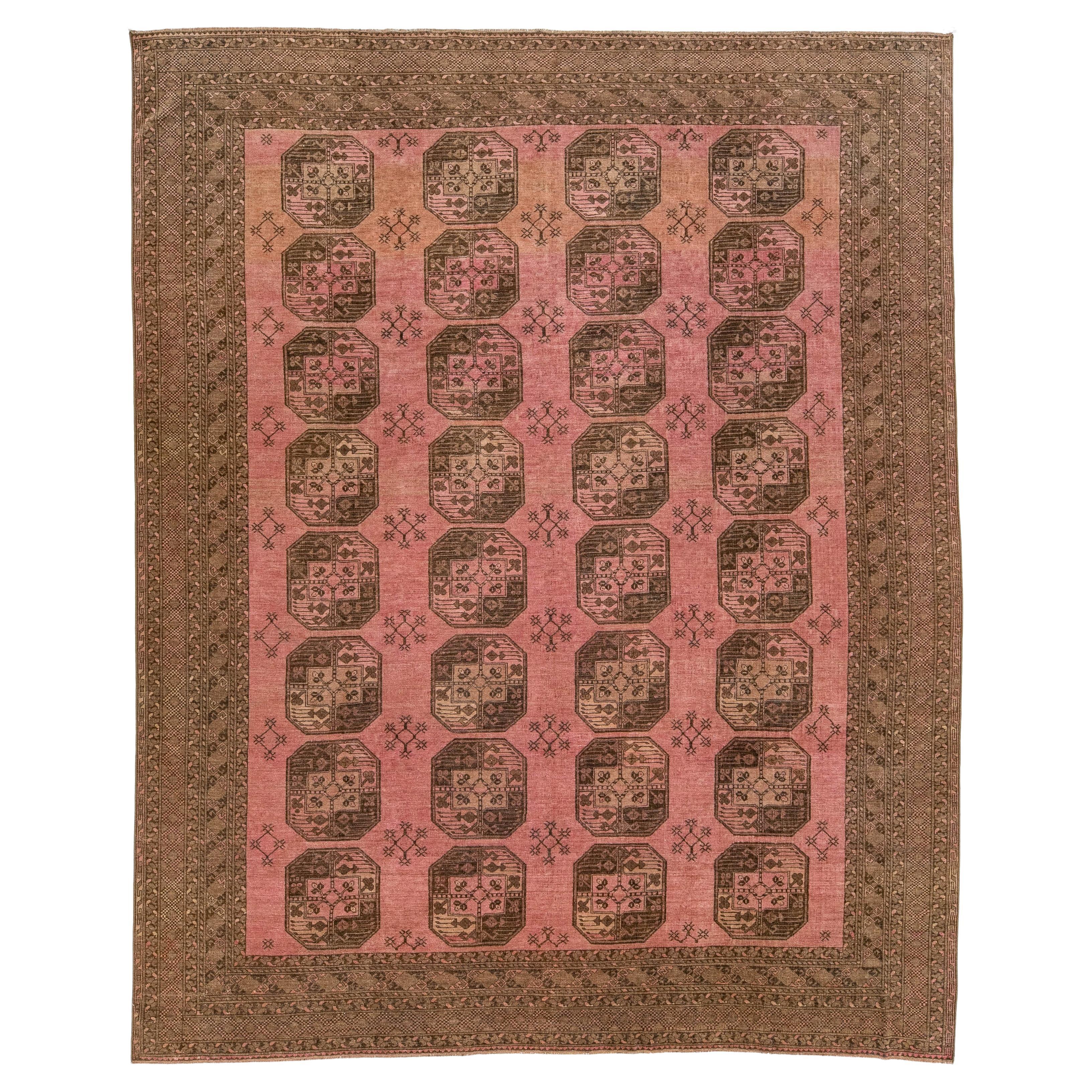 Antique Turkmen Tekke Wool Rug - 20th Century Hand-Knotted Tribal Bukhara - Rose For Sale
