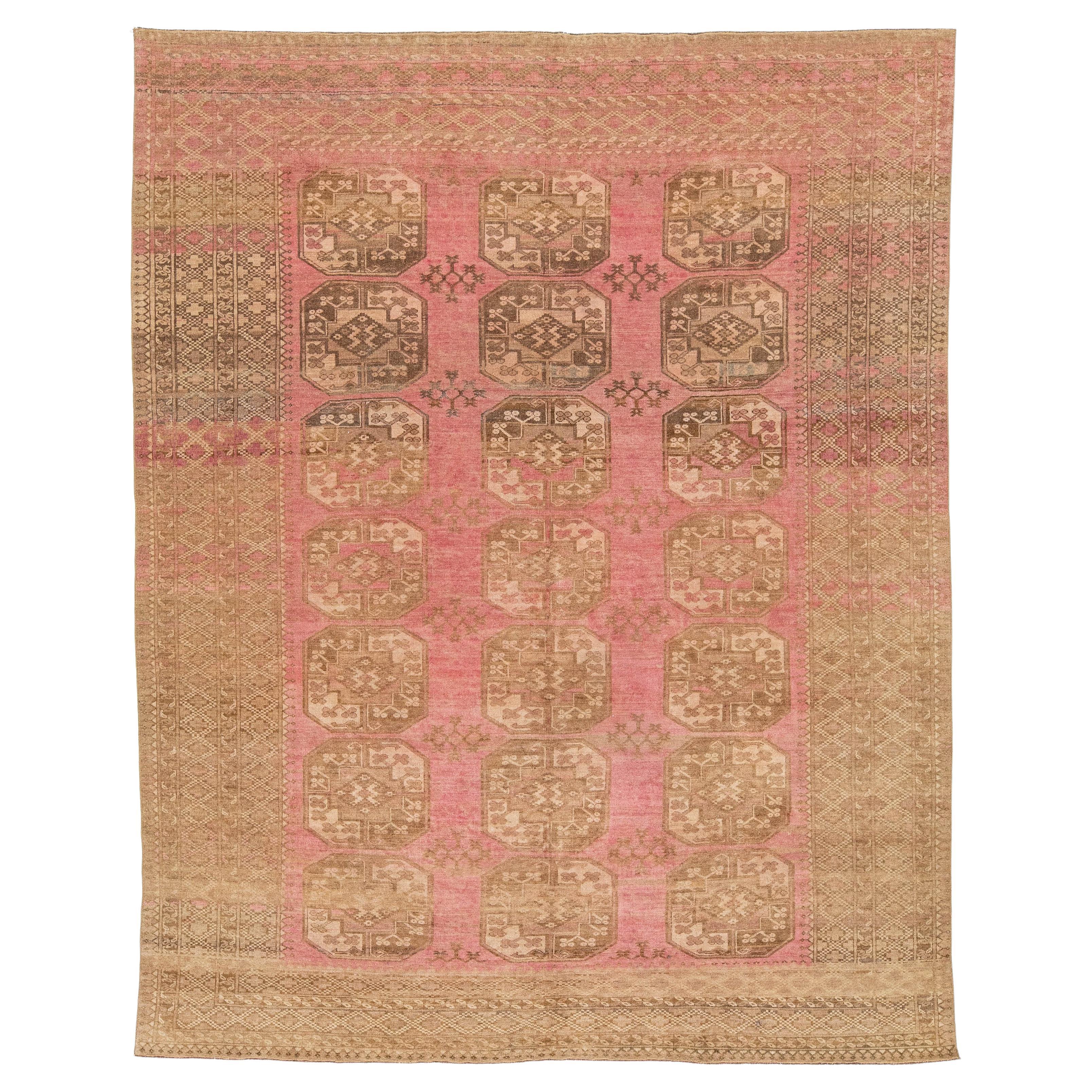 Antique Turkmen Tribal Rug -Hand-Knotted Wool Gul Medallion -Rose 
Earth Tones