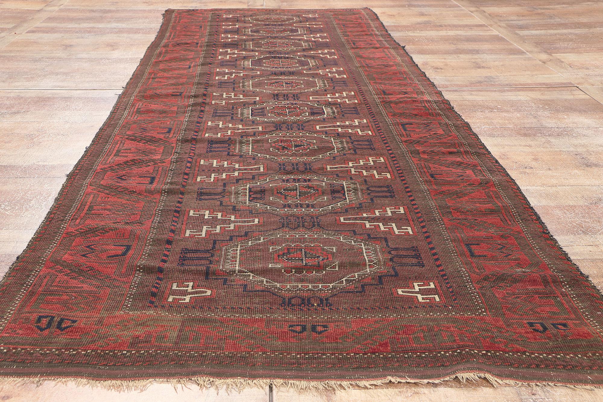 Wool Antique Turkoman Afghan Rug 04'00 x 11'09 For Sale