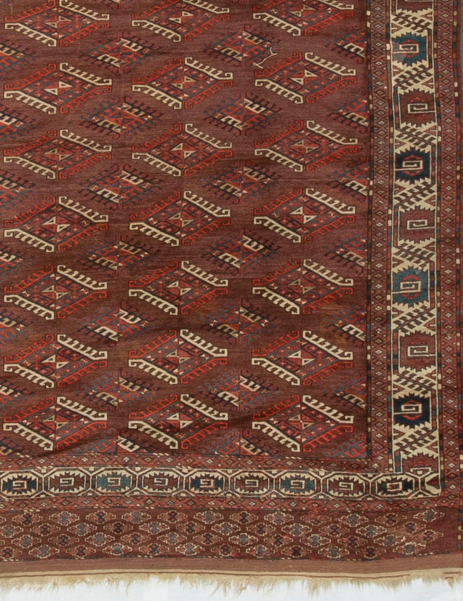 Antique Turkoman Bokhara Yomut rug, circa 1890. Yomut rugs are one of the most popular of Turkoman rugs. The Yomut or Yomud, are one of the major tribes of Turkmenistan. This particular example is especially fine and the design is typical of the