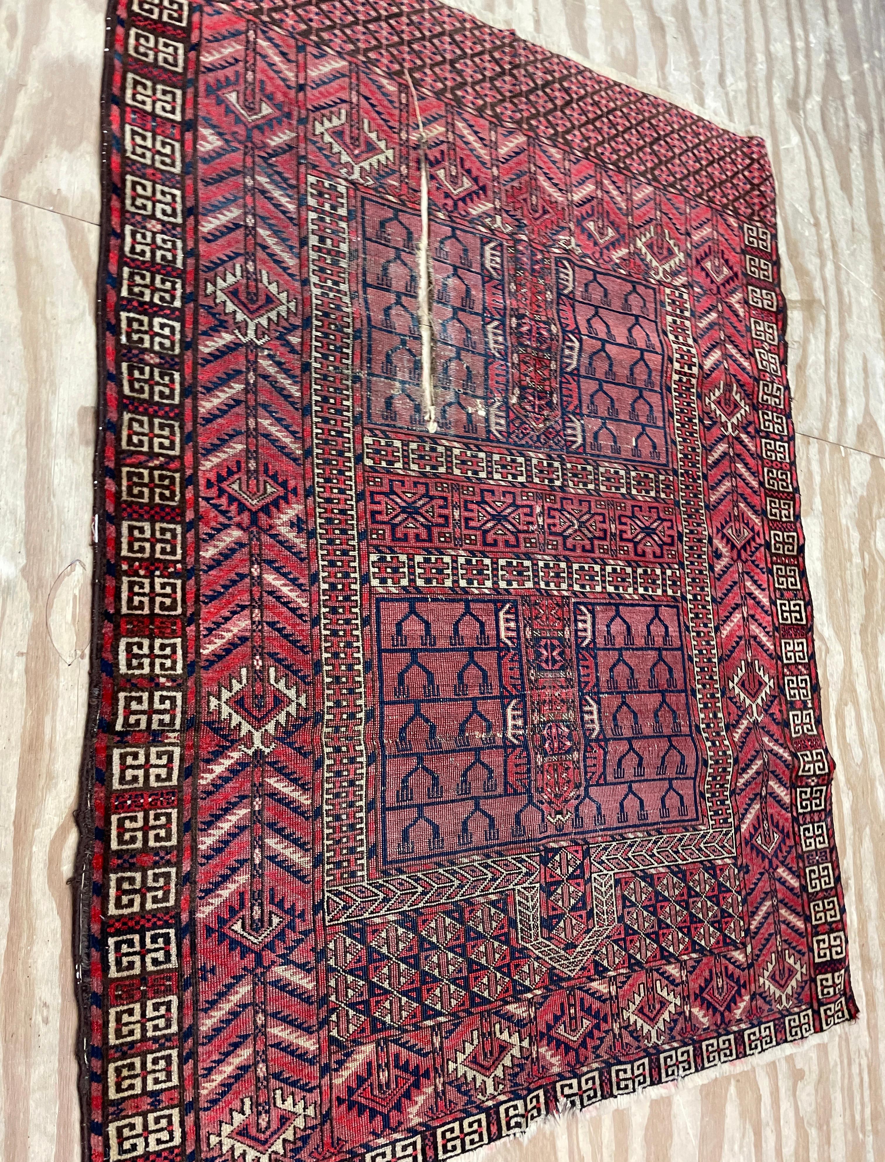 Almost all Turkmen rugs were produced by nomadic tribes almost entirely with locally obtained materials, wool from the herds and vegetable dyes, or other natural dyes from the land. They used geometrical designs that varied from tribe to tribe; most