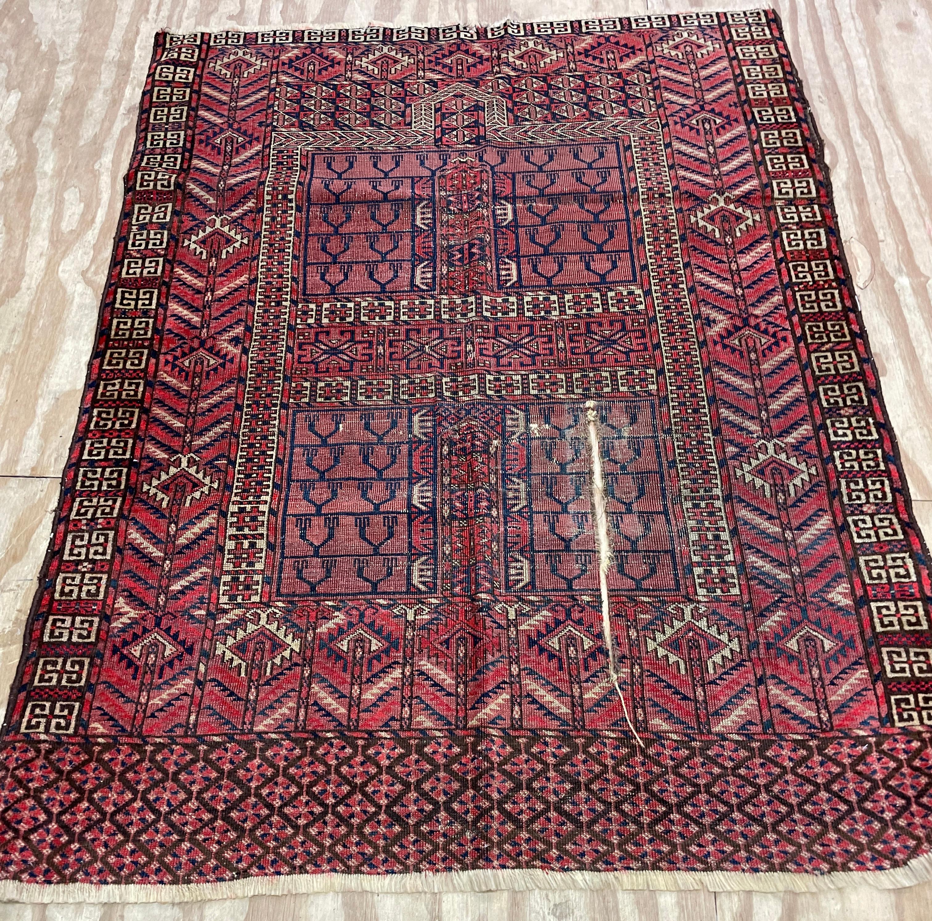 19th Century Antique Turkoman Engsi Hatchli Rug, AS IS For Sale