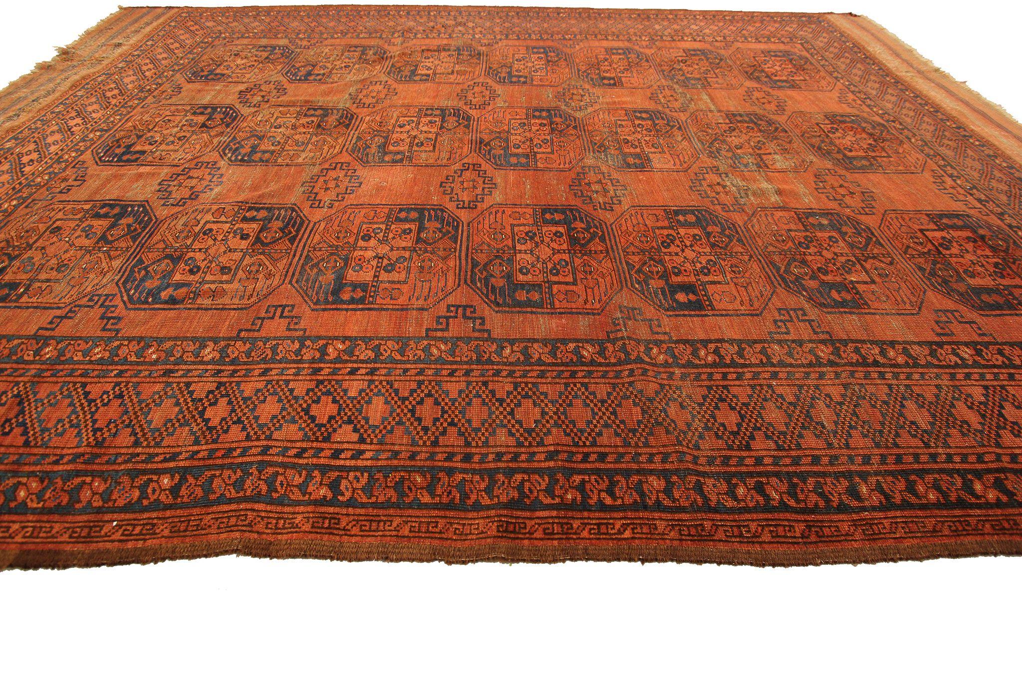 Hand-Knotted Antique Turkoman Ersari Main Rug Afghan Geometric Rug 1880 For Sale