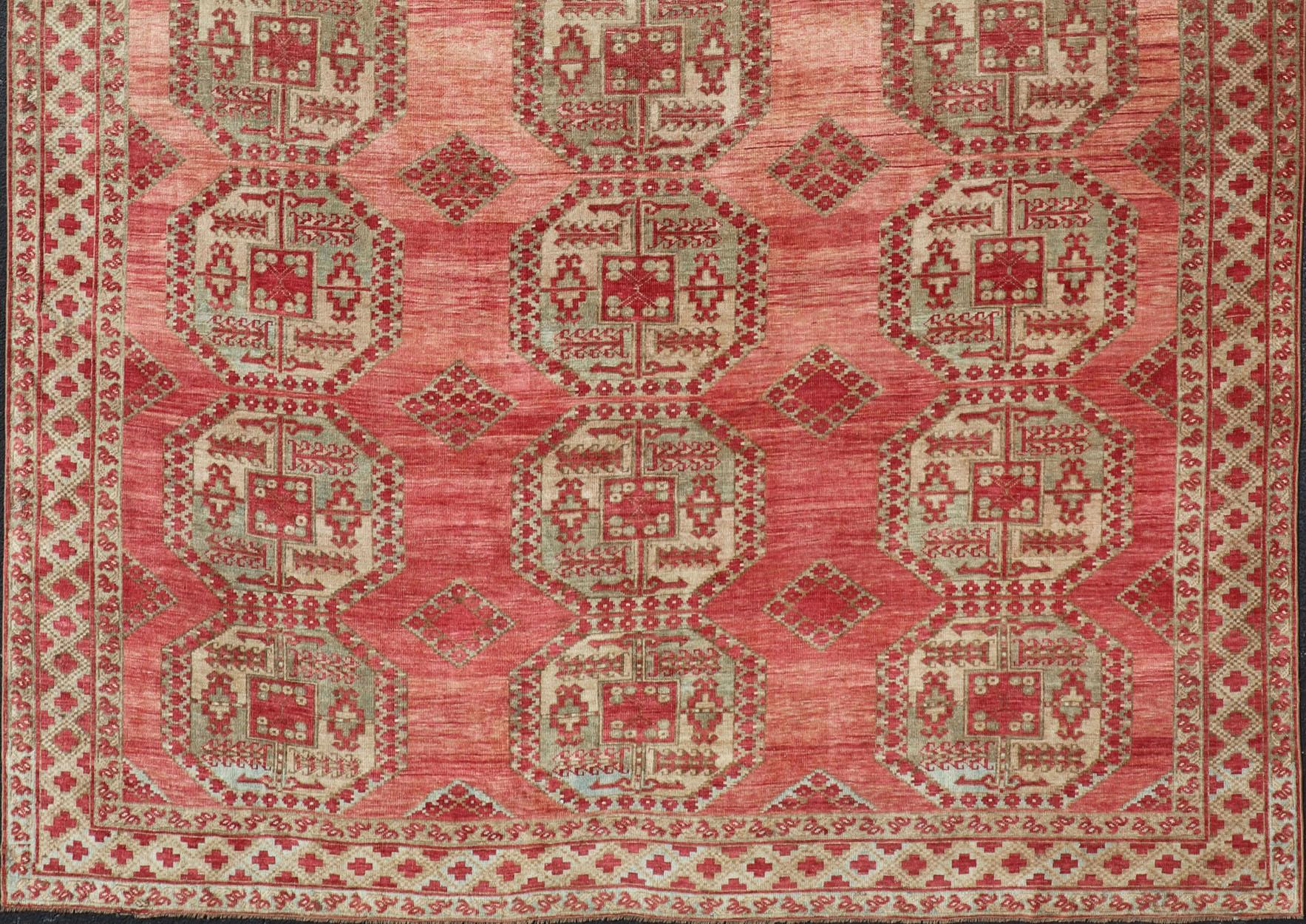 Hand-Knotted Antique Turkomen Ersari Rug with Repeating Gul Design For Sale