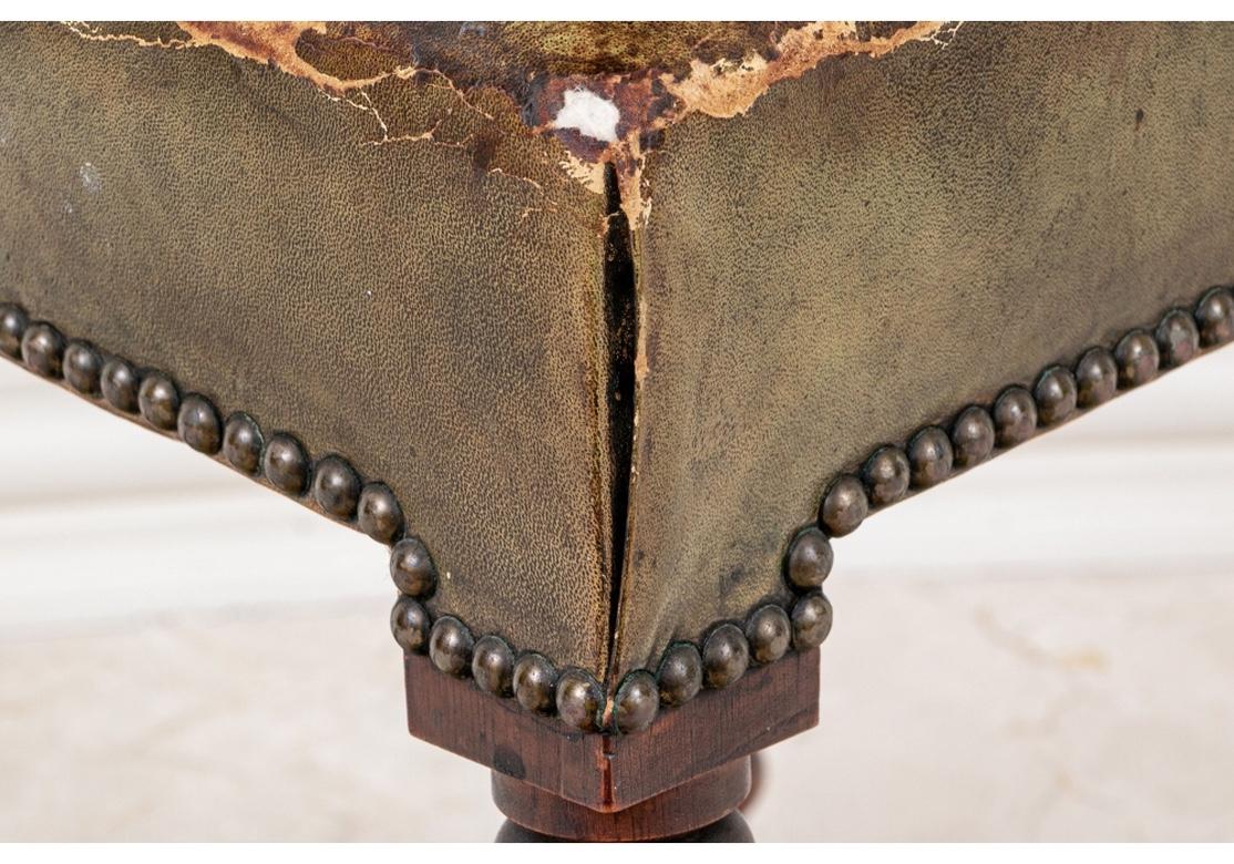 19th Century Antique Turned Leg Leather Covered Stool
