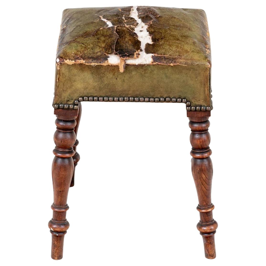 Antique Turned Leg Leather Covered Stool