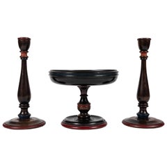 Antique Turned Wood Console Set with Footed Bowl and Candlesticks