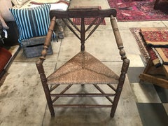 Antique Turned Wood Corner Chair with Rush Seat