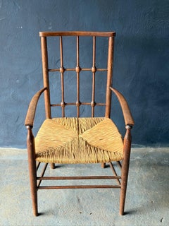 Antique Turned Wood Spindle-Back Armchair with Rush Seat