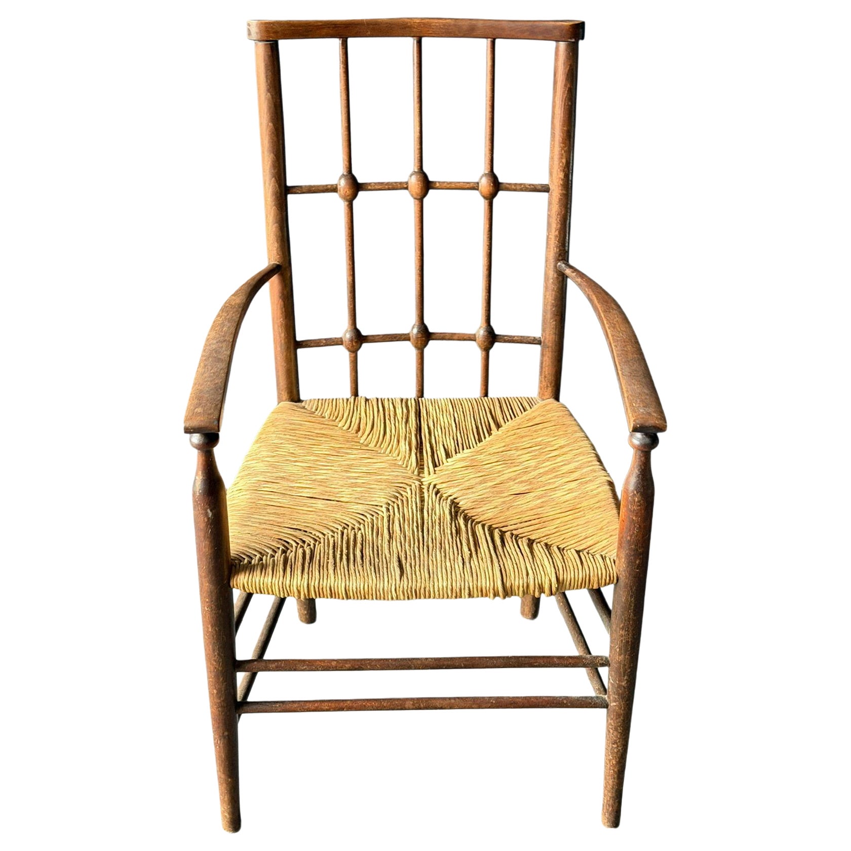 Antique Turned Wood Spindle-Back Armchair with Rush Seat