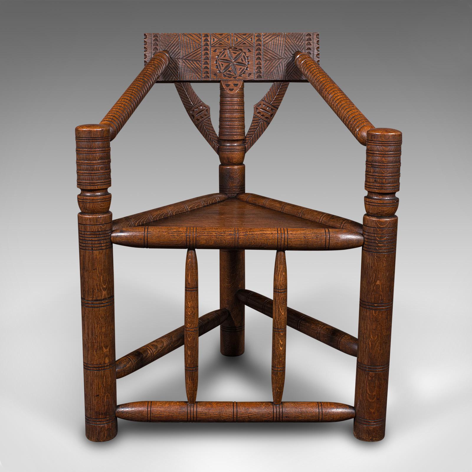 
This is an antique turner's chair. An English, beech and oak elbow seat, dating to the late Victorian period, circa 1880.

Strikingly distinctive in the manner of the 'Old Saxon' chair
Displays a desirable aged patina and in good order
Quality