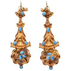 Antique Turqouise and Gold Drop Earrings, circa 1850