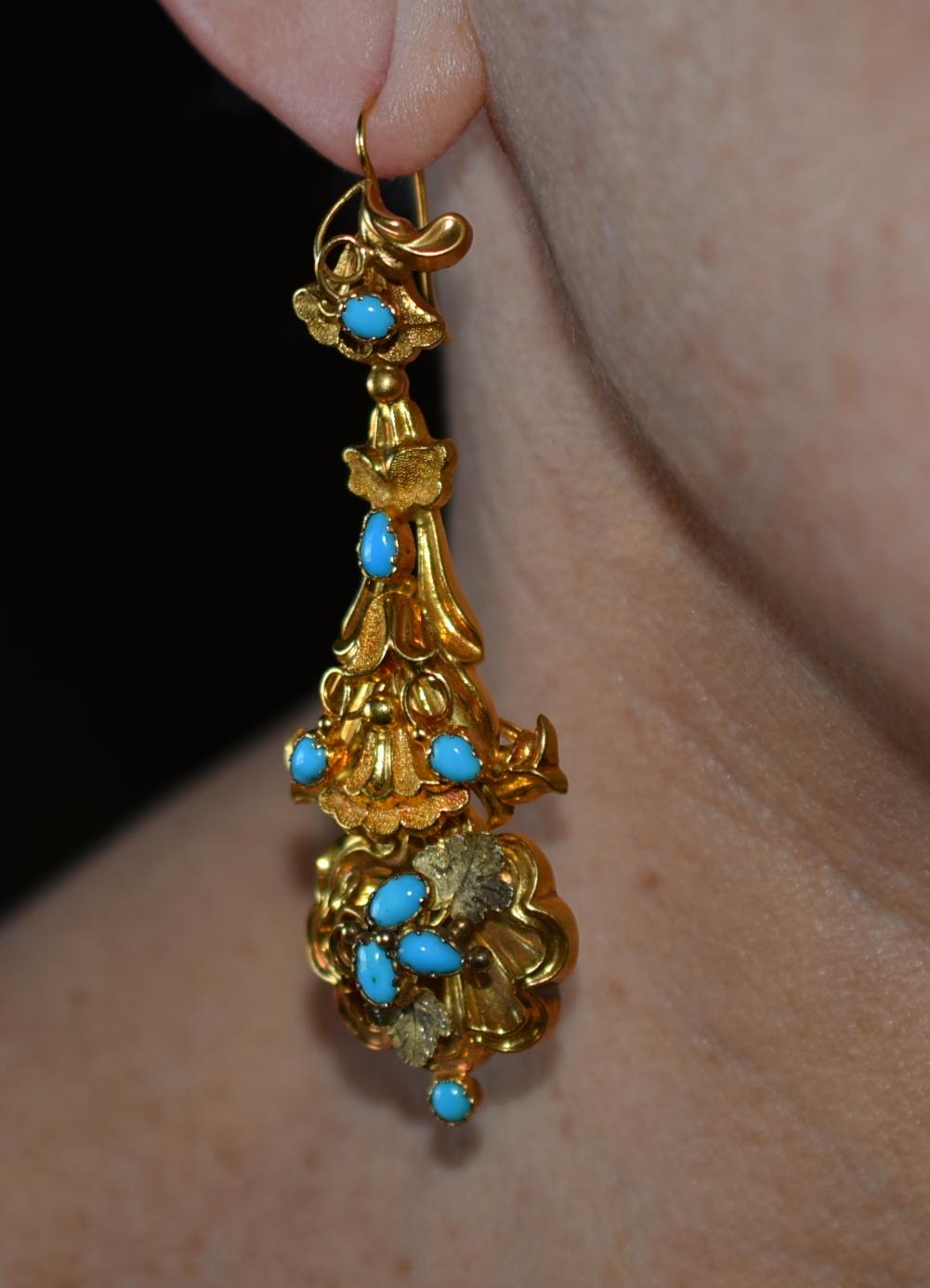 Women's Antique Turqouise and Gold Drop Earrings, circa 1850