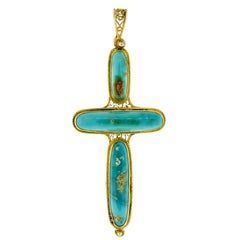 Antique Turquoise 14 Karat Yellow Gold Cross Pendant