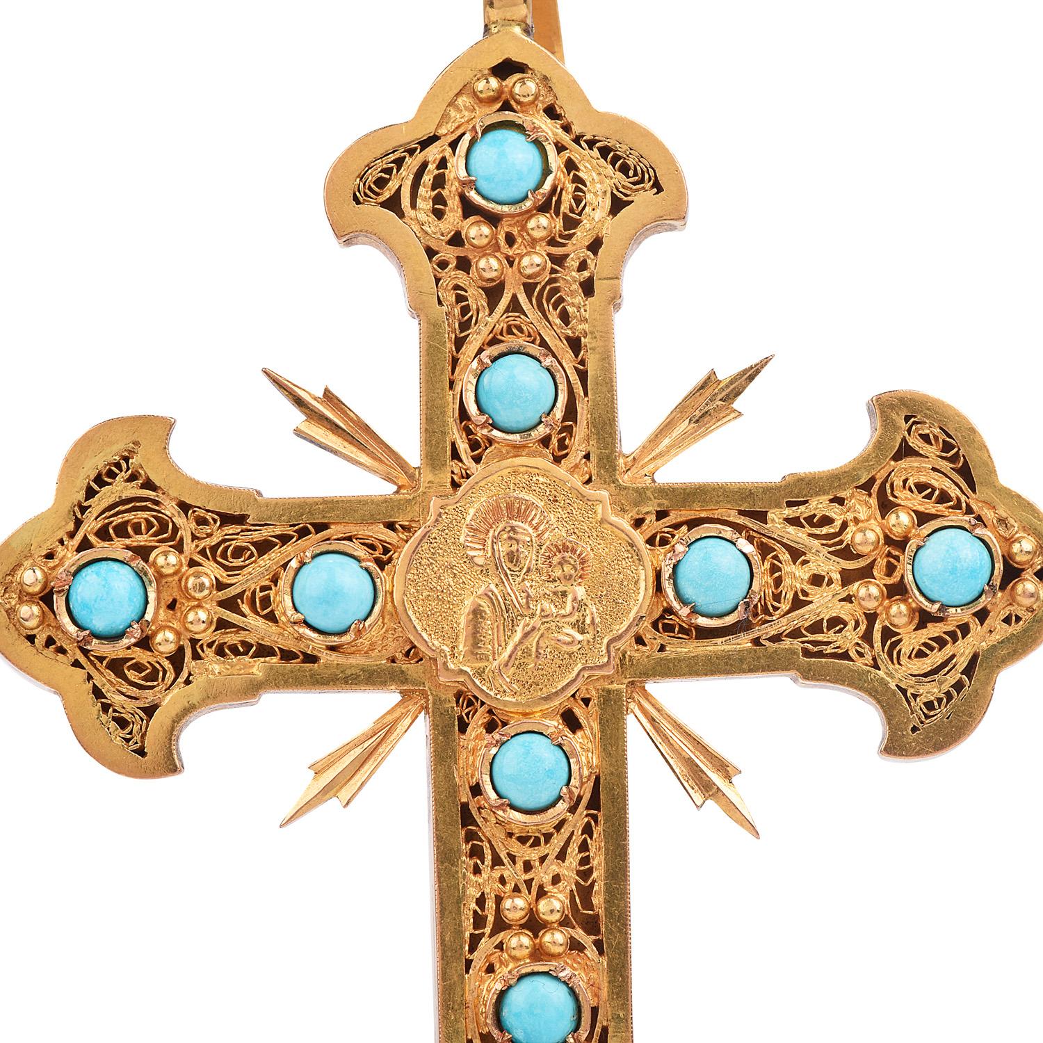 Antique Unique Turquoise 22K Gold Fleur de Lis Large Cross Pendant 

Expertly handcrafted in 22K Yellow gold and highlighted by 10 cabochon round-cut Genuine Turquoise gemstones, bezel set with an approximate size of 5 mm

Featuring exquisitely