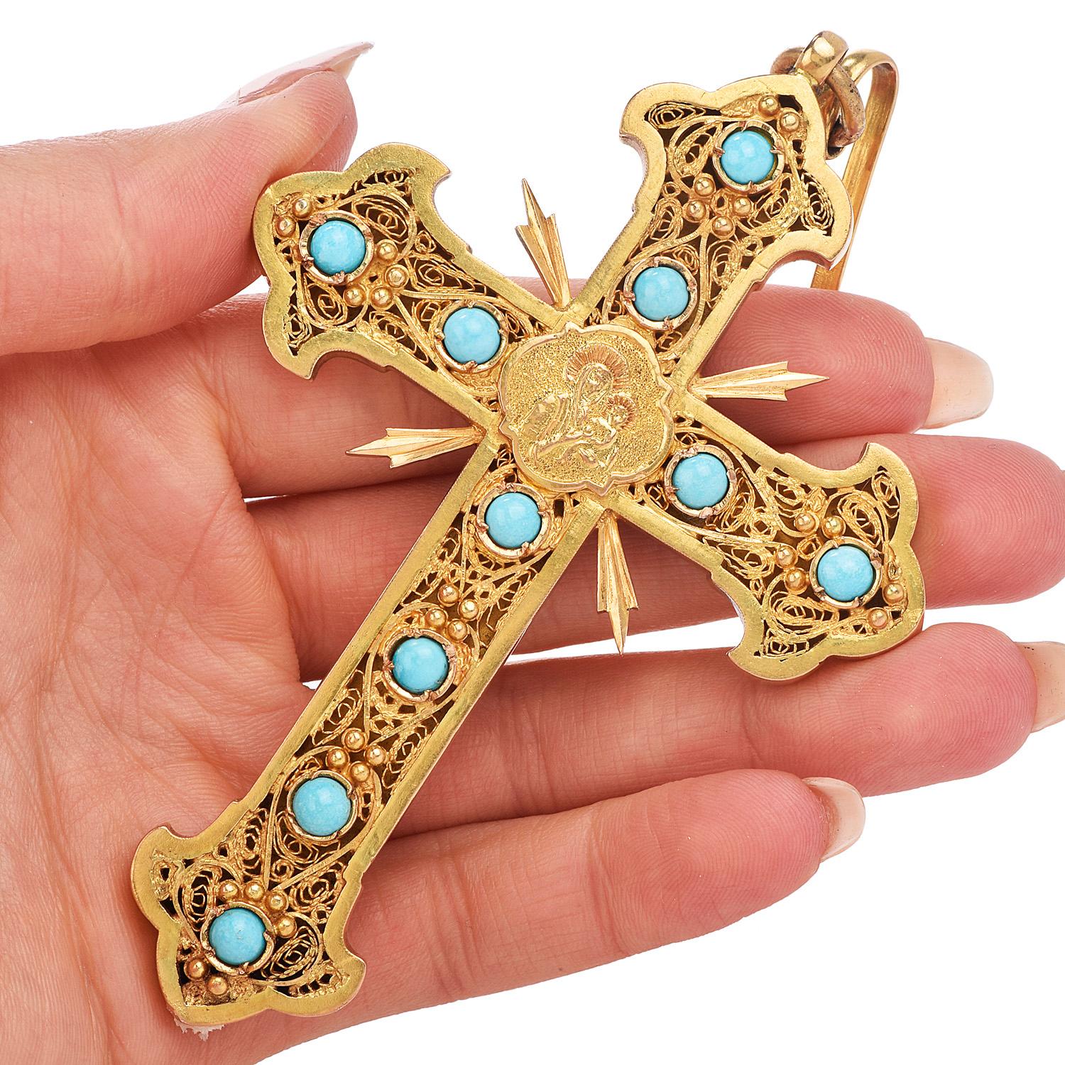 Victorian Antique Turquoise 22K Gold Unique Fleur de Lis Large Cross Pendant