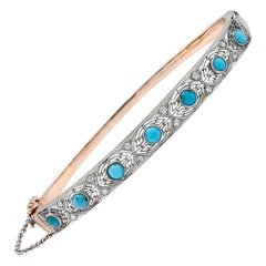 Antique Turquoise and Diamond Bangle Bracelet, Platinum and 14 Karat Yellow Gold