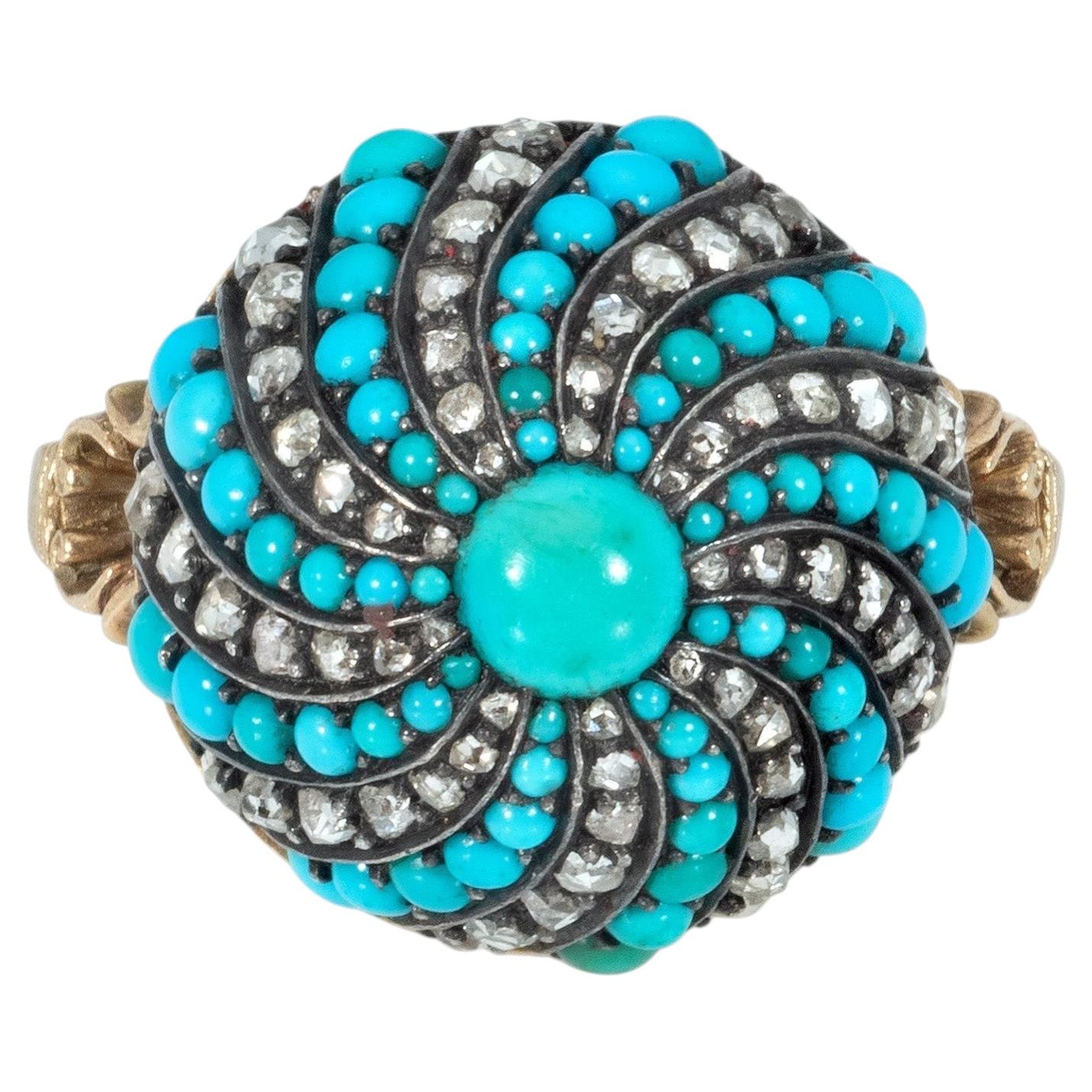 Antique turquoise and diamond bombé swirl ring For Sale